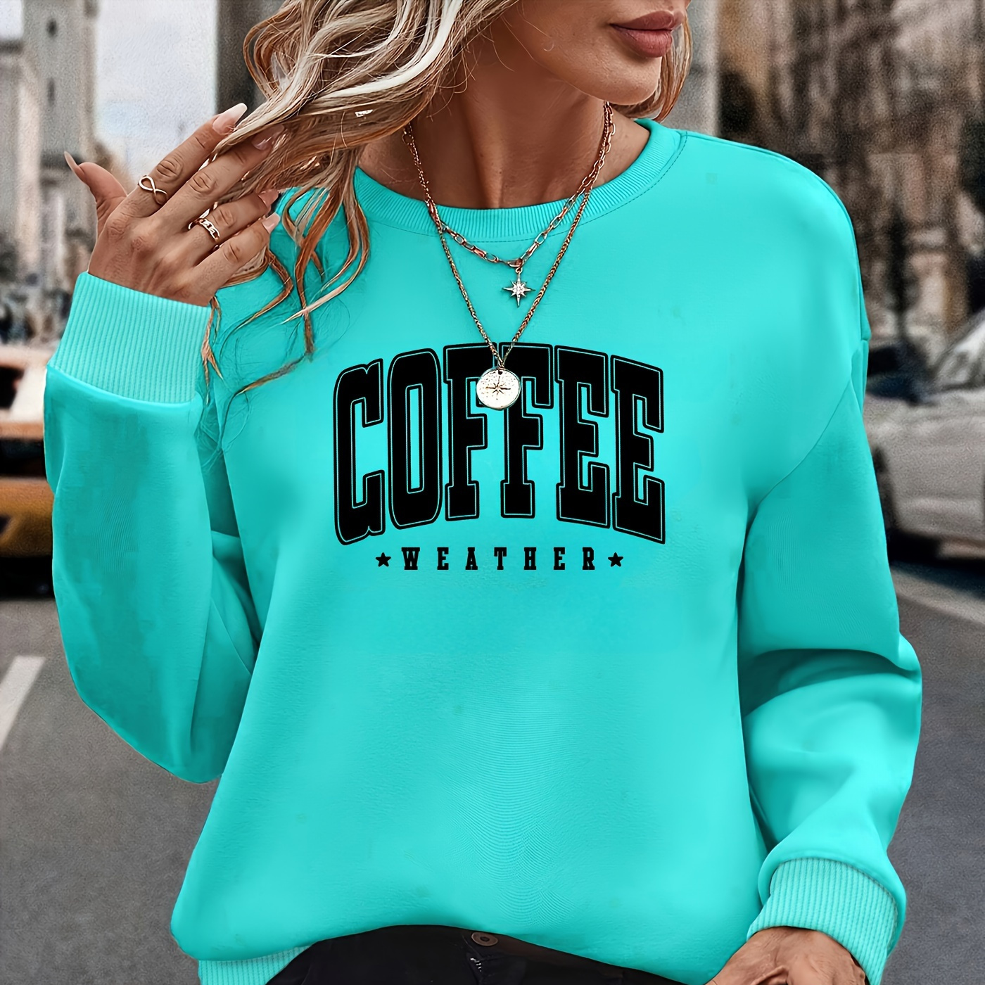 

Women' Letter Long Sleeve Round Neck Sweatshirt, Elegant Polyester Knit Pullover, Geometric Pattern, Fashion Hoodie