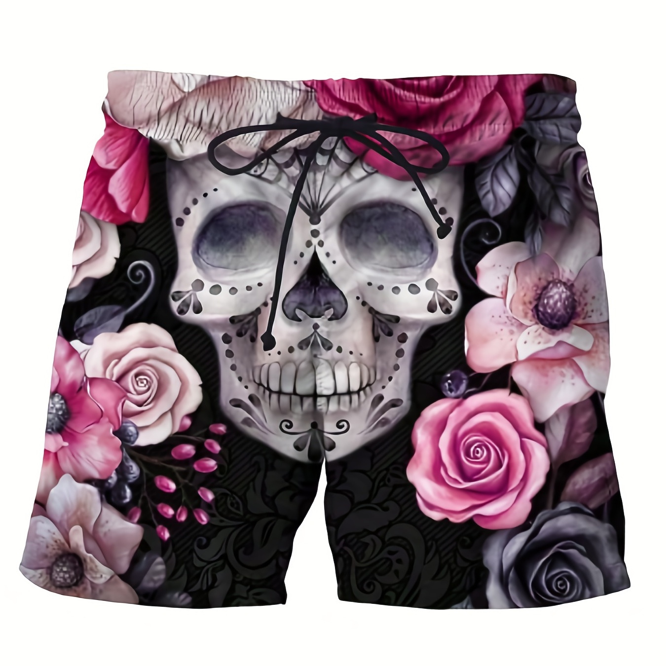 Plus Size Men's Floral Skeleton Graphic Print Swimming Trunks Drawstring Waist Swim Shorts Summer Funny Novelty Bathing Shorts Swimwear Beachwear