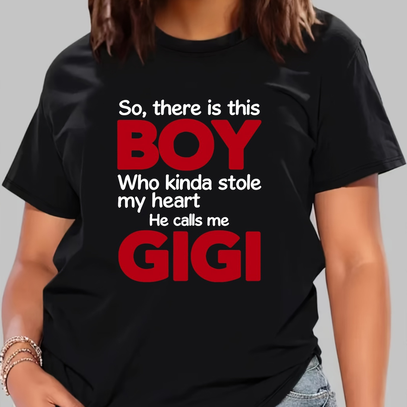 

Boy Gigi Print Crew Neck T-shirt, Short Sleeve Casual Top For Summer & Spring, Women's Clothing