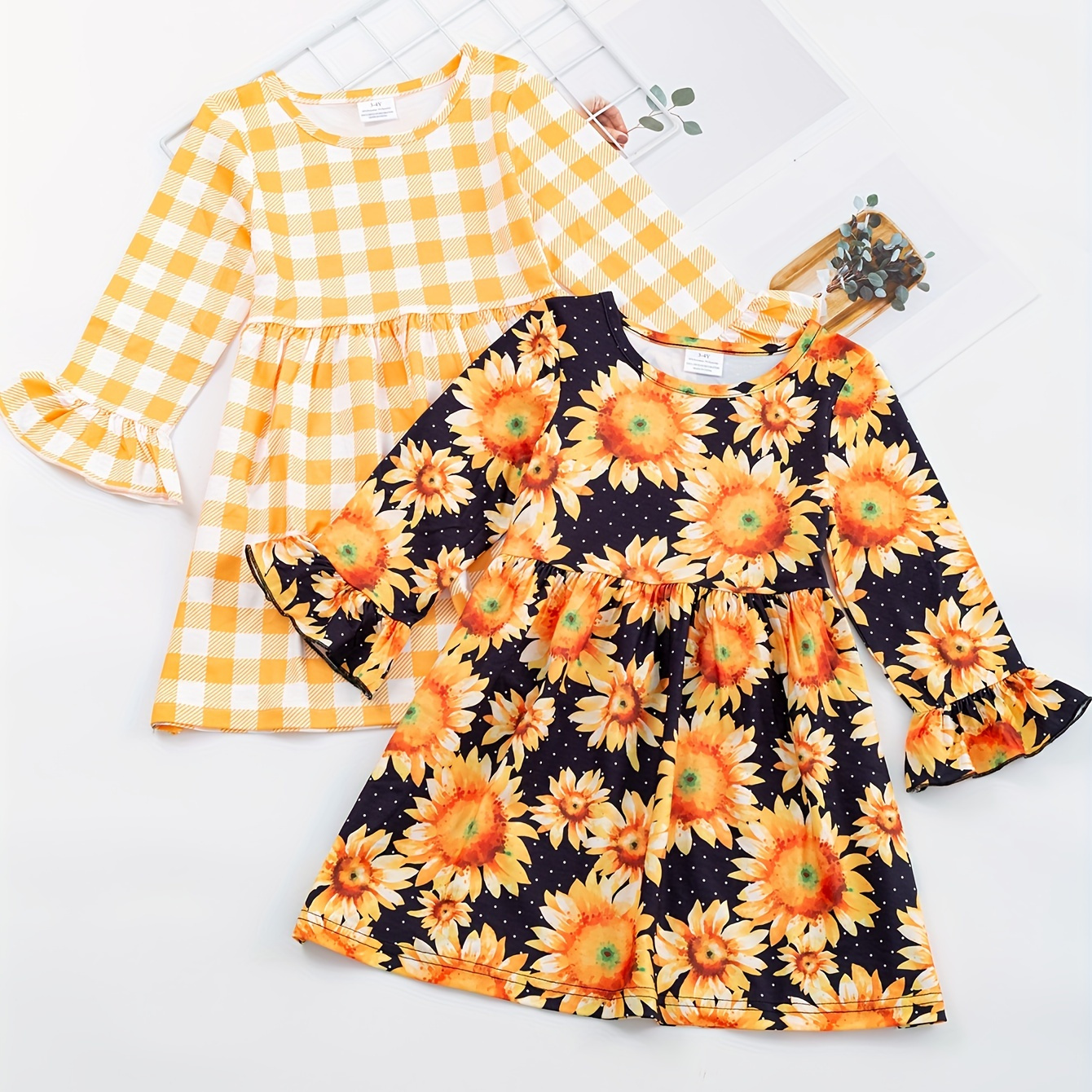 

Girls' 2pcs Plaid/ Sunflower Round Neck A-line Long Sleeve Dress, Kid Girl Casual Dresses For Spring/ Fall