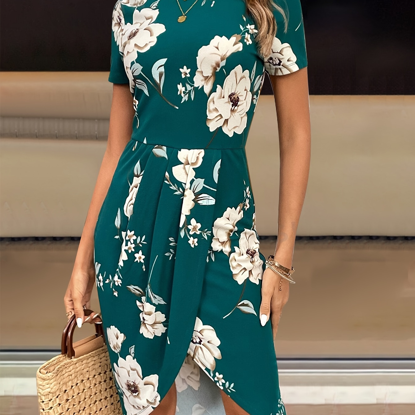 

Floral Print Pleated Slim Dress, Elegant Short Sleeve Dress For Spring & Summer, Women's Clothing