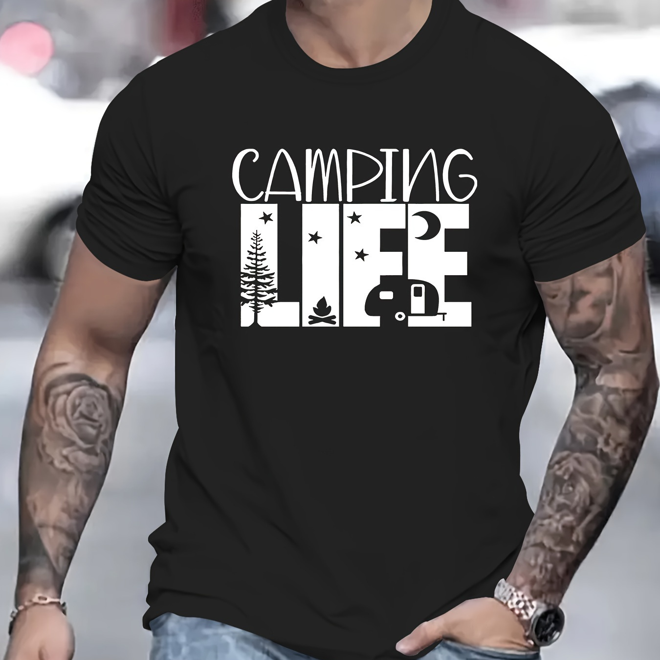 

Camping Life" Creative Print Casual Novelty T-shirt For Men, Short Sleeve Summer& Spring Top, Comfort Fit, Stylish Streetwear Crew Neck Tee For Daily Wear