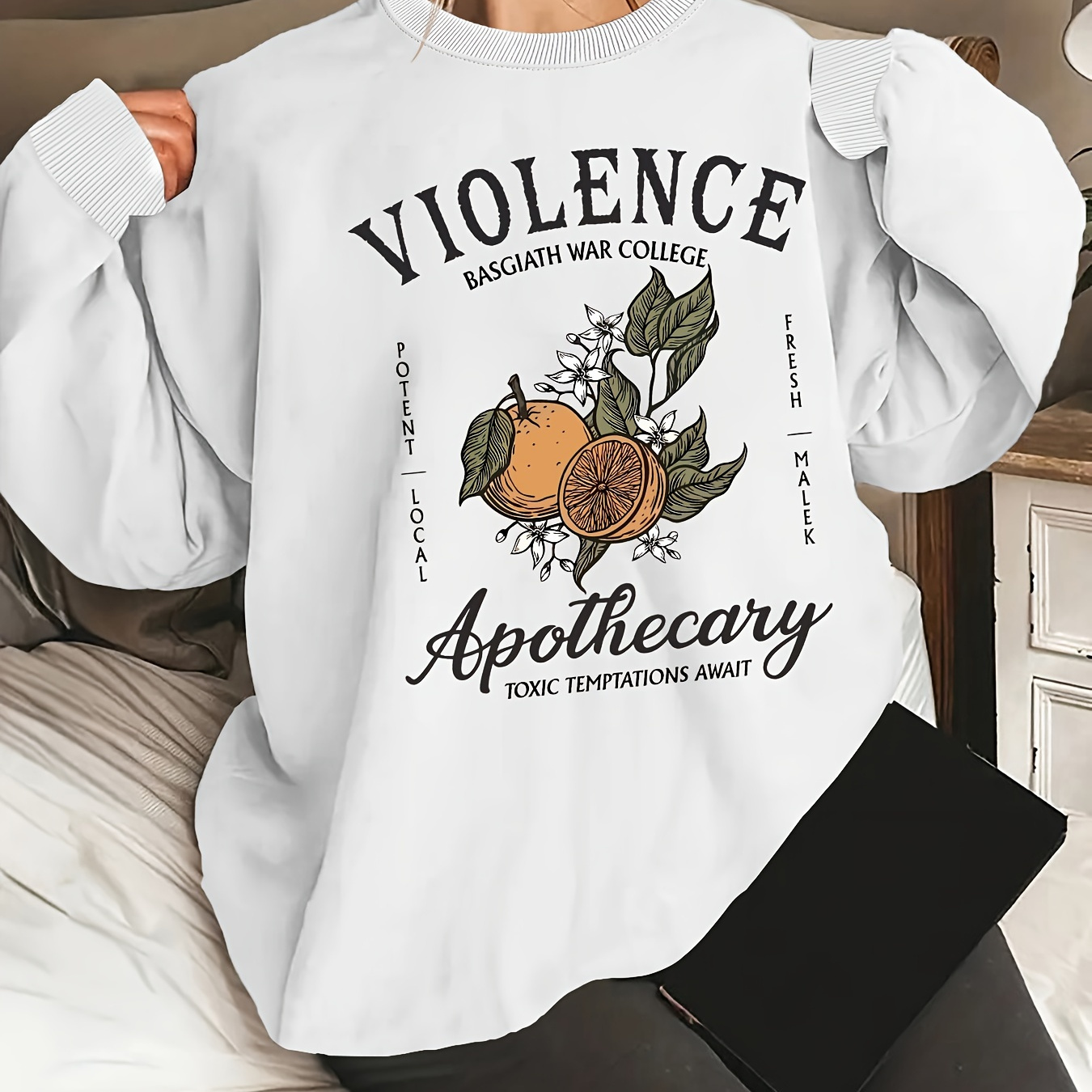 

Plus Size Fruit & Letter Print Sweatshirt, Casual Long Sleeve Crew Neck Sweatshirt, Women's Plus Size Clothing