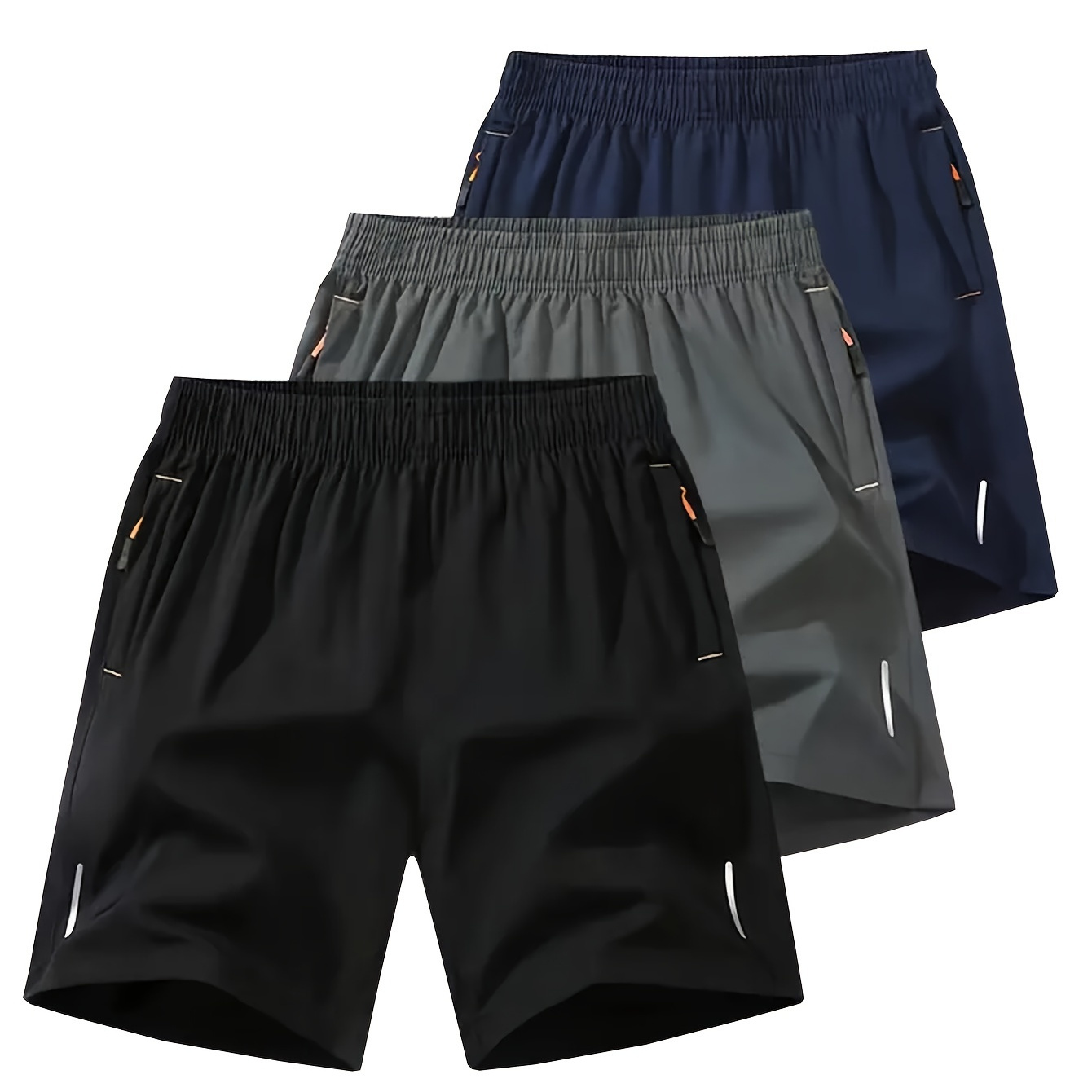 

3pcs Shorts Athlétiques pour Hommes, Polyester Respirant à Séchage Rapide avec Poches Zippées et Cordon de Serrage, Style Sportif Uni pour & l'Entraînement, Taille Moyenne Coupe Régulière