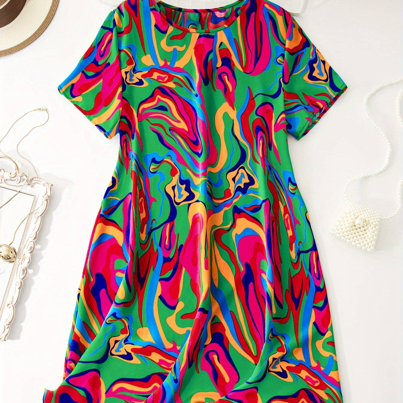 

Plus Size Colorful Print Slim Dress, Casual Short Sleeve Dress For Spring & Summer, Women's Plus Size Clothing