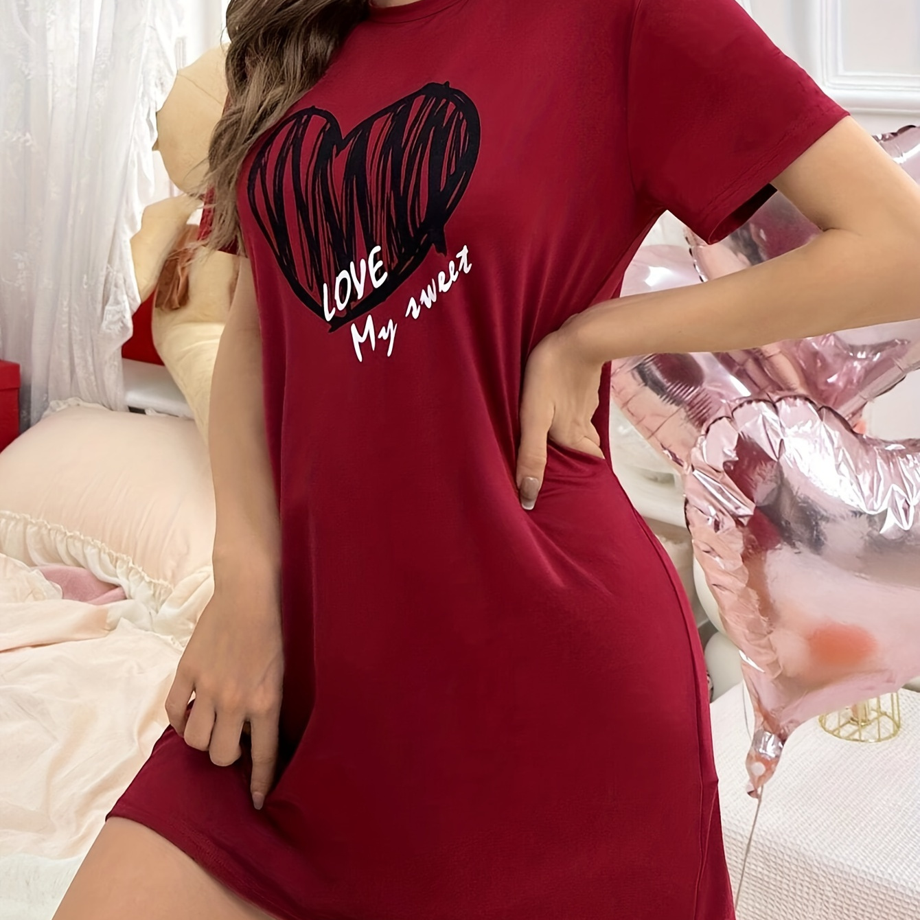 

& Letter Sleepwear Dress, Short Sleeve Round Neck Tee Dress, Comfortable Nightgown