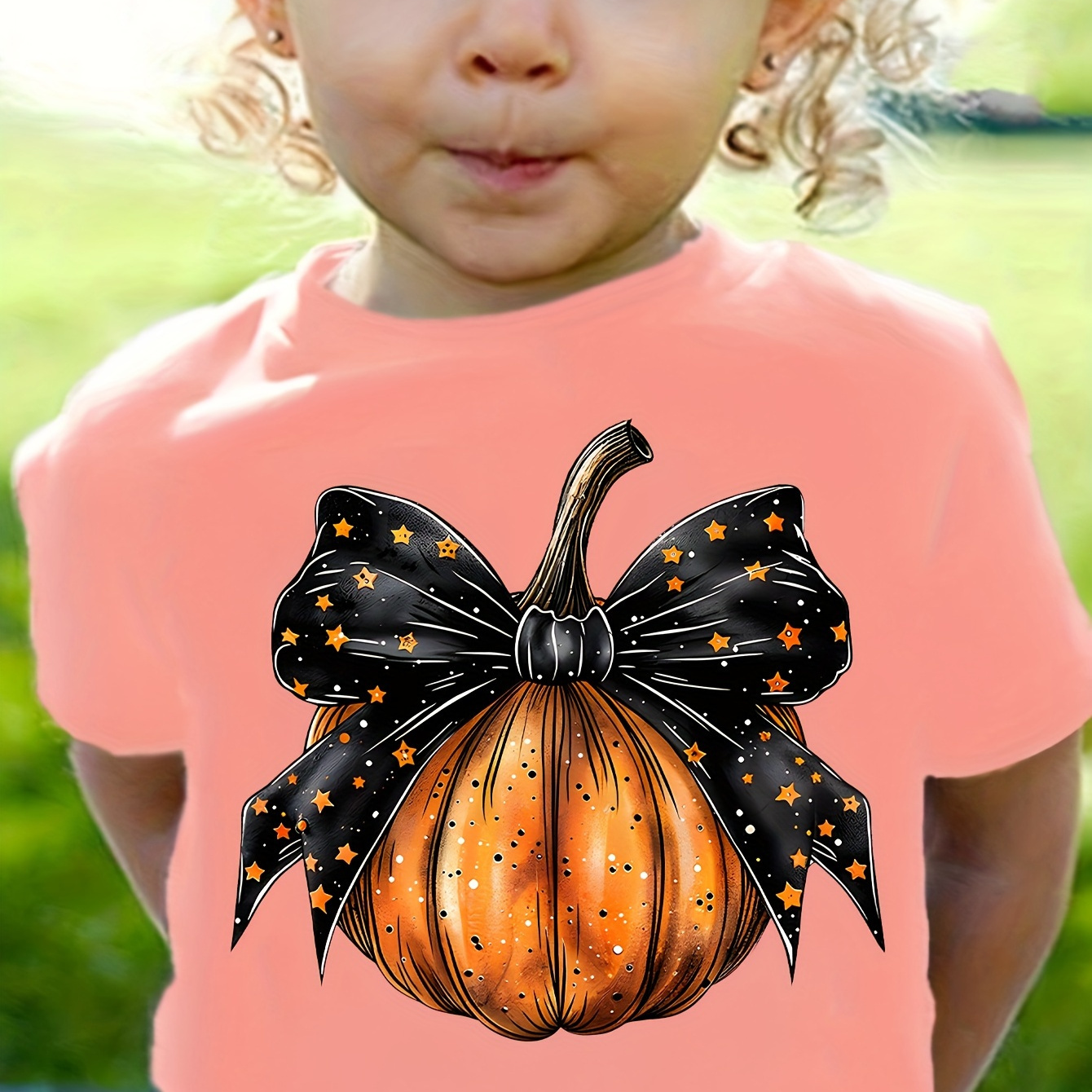 

Pumpkin Print Short Sleeve Kids' T-shirt, Polycotton Blend, Casual Crew Neck Top With Slight Stretch, Summer Knit Fabric Tee For Ages 12 And Under