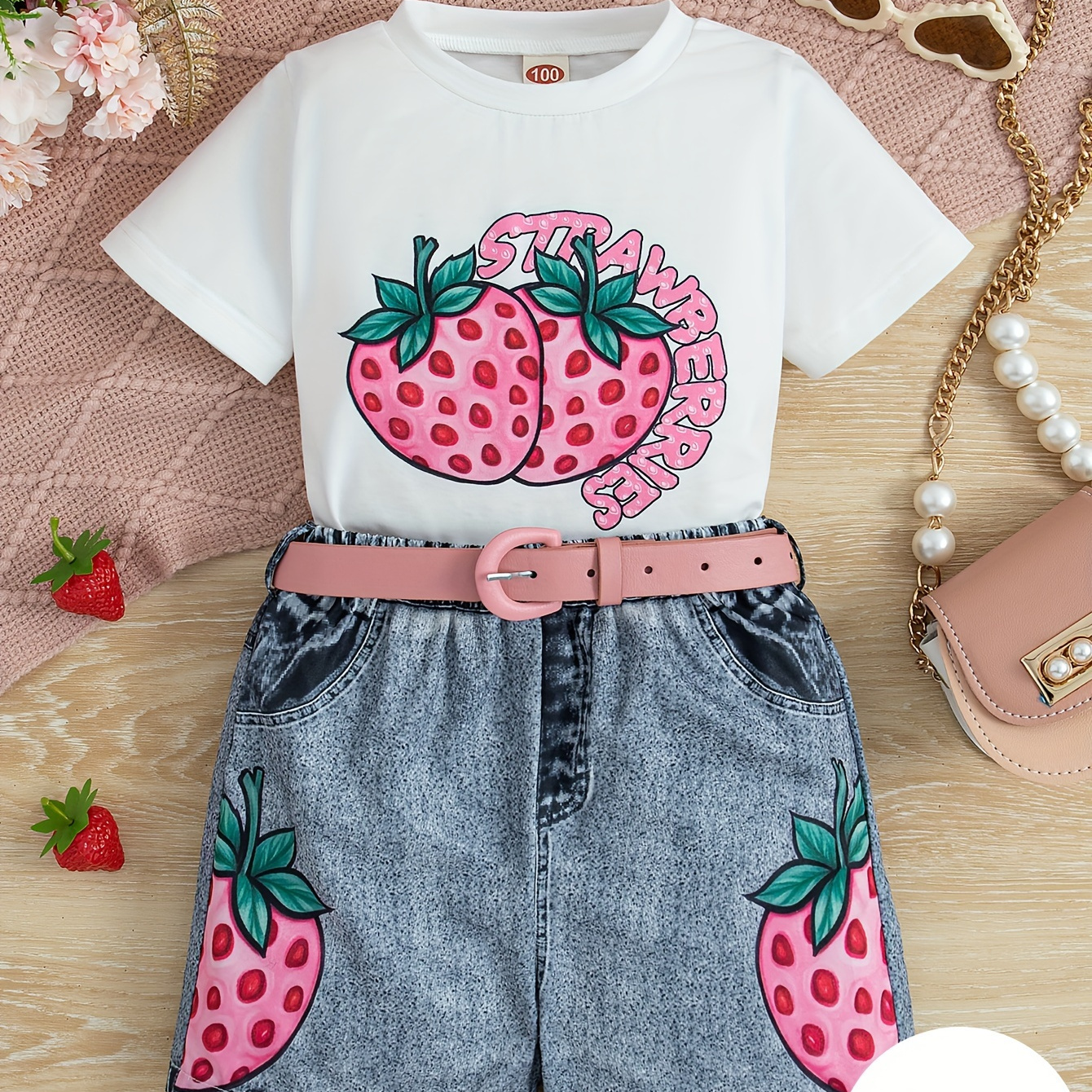 

Strawberry Print Girls 2-piece Short Sleeve Graphic Top & 3d Legging Shorts Set With Belt Comfy Summer Set