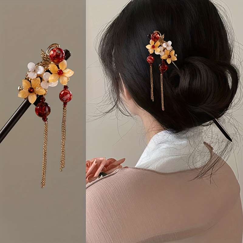 Temu 2pcs Vintage Wooden Hair Sticks Chinese Romantic Red Flower Hairpins Chinese Red Festival Hair Forks Nice Chic Christmas Holiday, Christmas Gifts