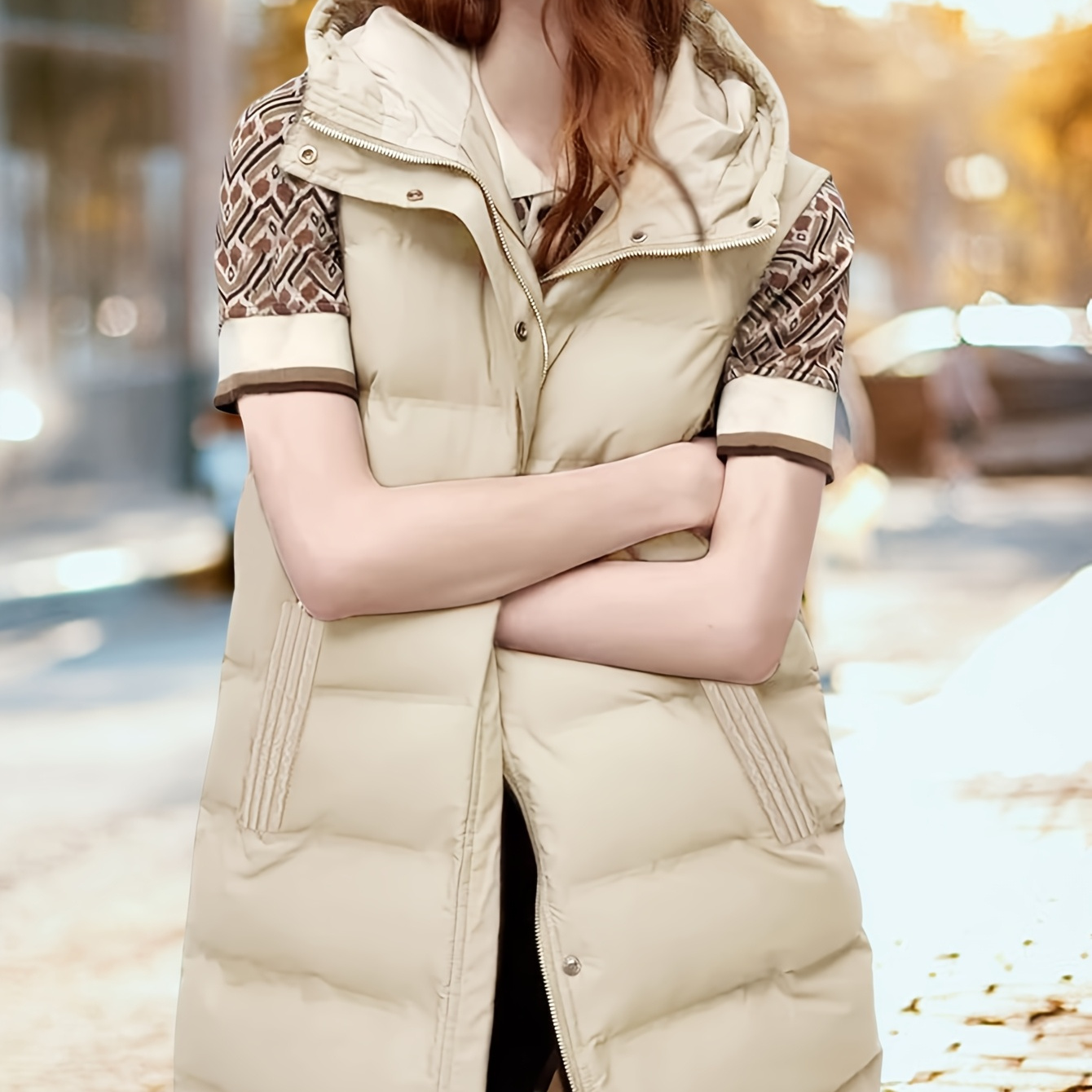 

Women's Long Puffer Vest Sleeveless Puffy Jacket With Removable Hood