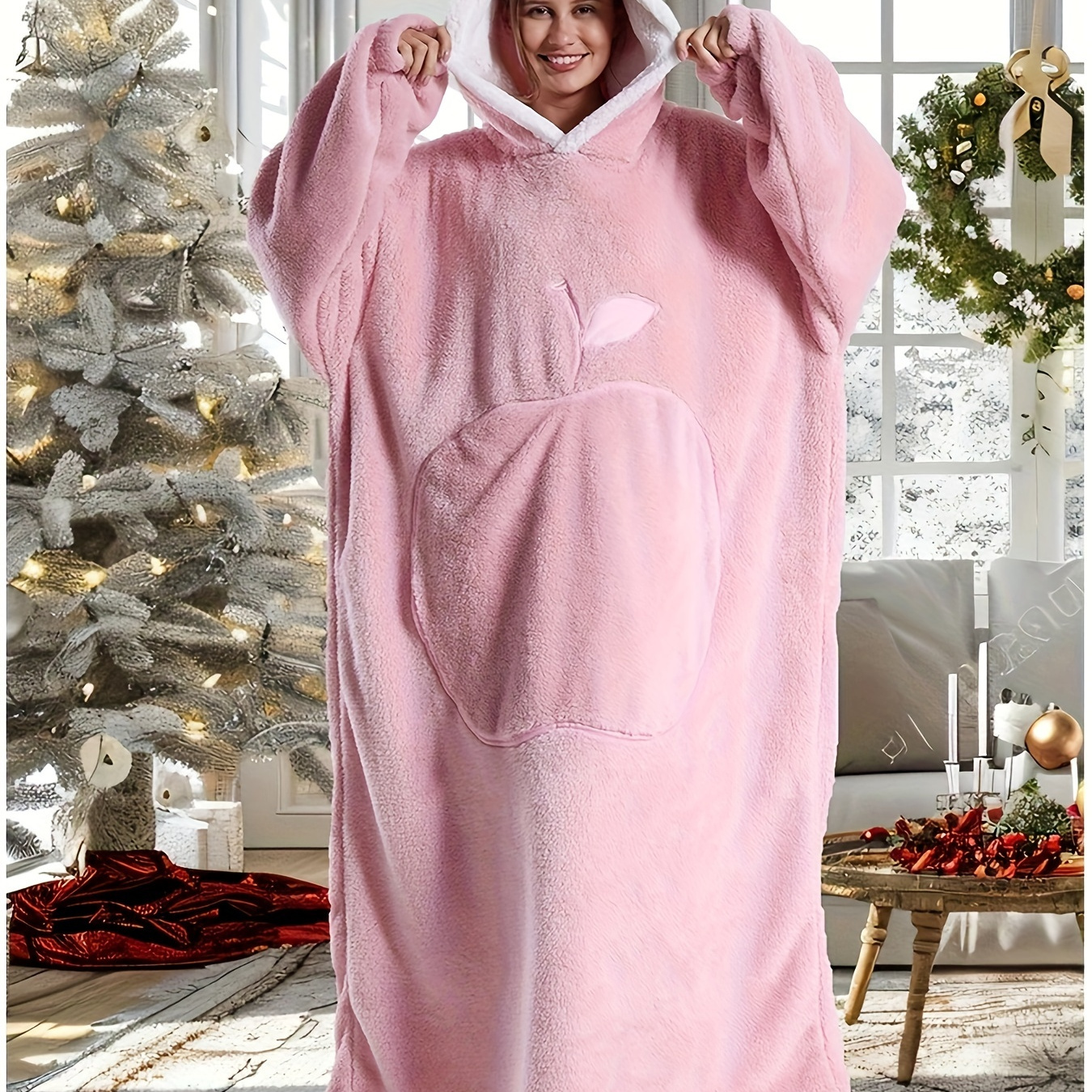 

Plus Size Pattern Hoodie Coat, Soft Cozy Long Sleeve Fuzzy Hooded Outwear, Women's Plus Size Clothing