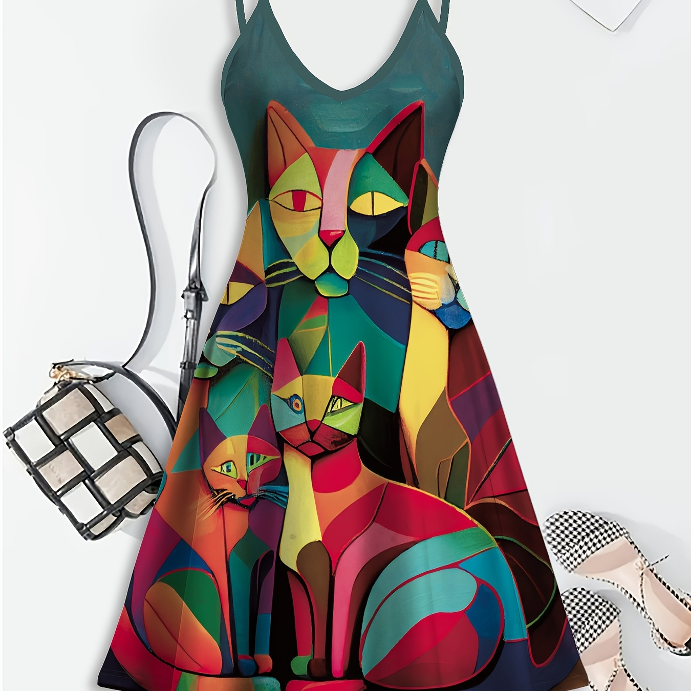 

Vibrant Cat Art Print Sleeveless Dress - V-neck, High-waisted Straps, A-line Silhouette, Polyester, Machine Washable - Women'