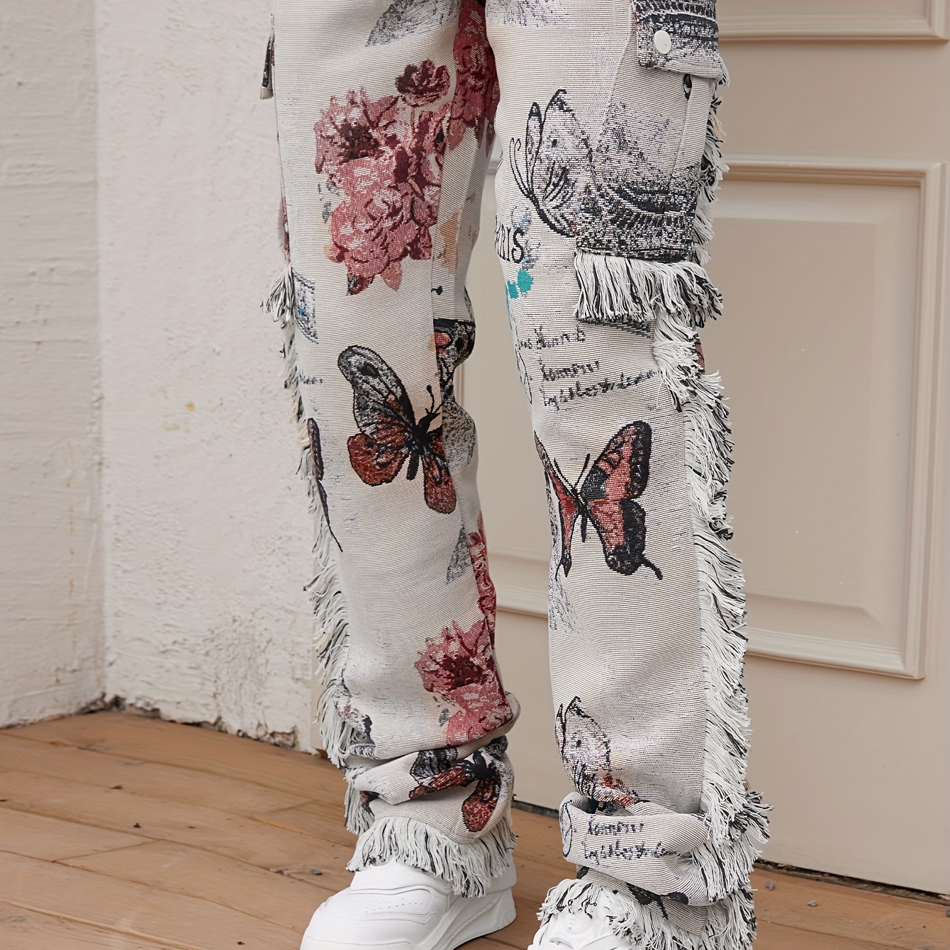 

Butterfly Pattern & Raw Hem Design Men's Vintage Street Loose Straight Leg Long Pants, Men's Hip Hop Style Denim Pants For Outdoor