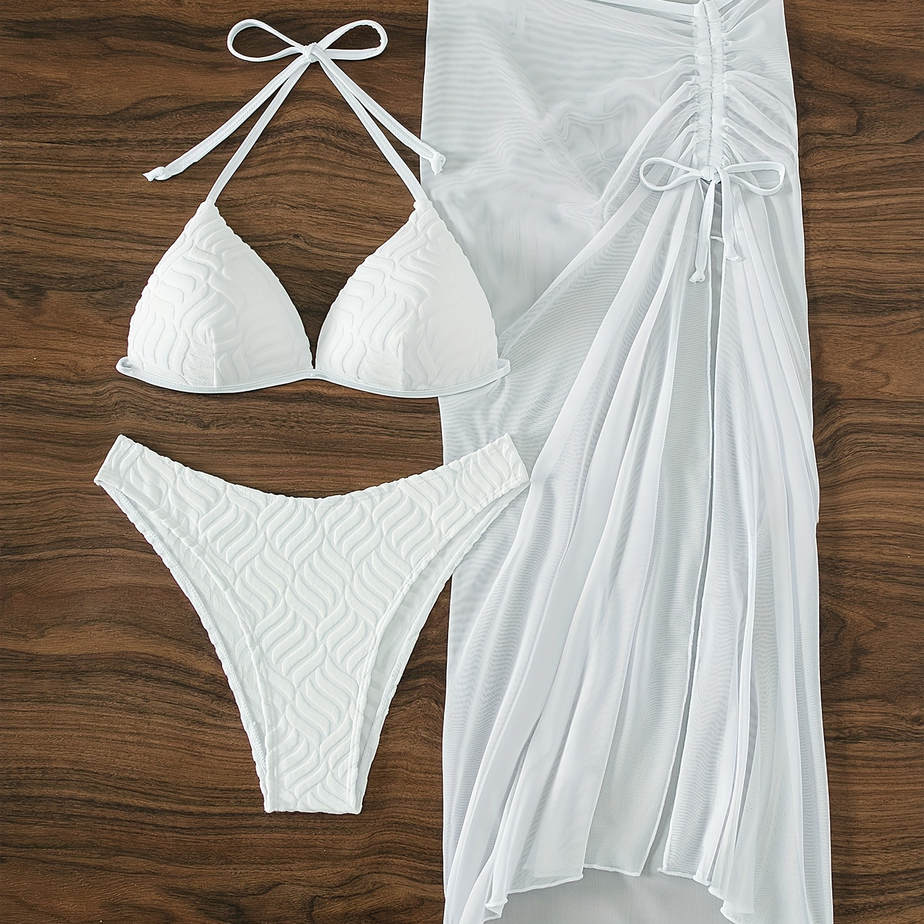 

Embossed Textured Fabric Bikini With Drawstring Split Mesh Cover Up Skirt, Plain White High Stretch Halter 3 Piece Set Swimsuits, Women's Swimwear & Clothing Triangle Top