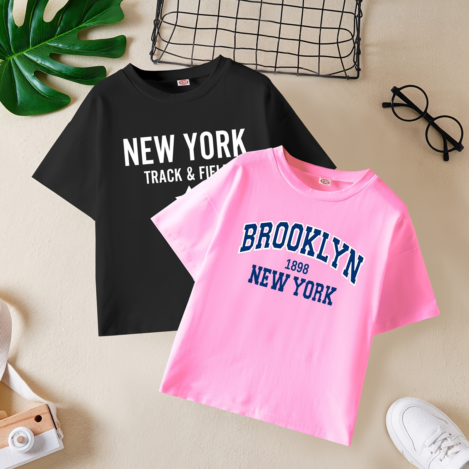 

2pcs New York & Brooklyn Graphic Short Sleeve T-shirt For Girls Summer Sports