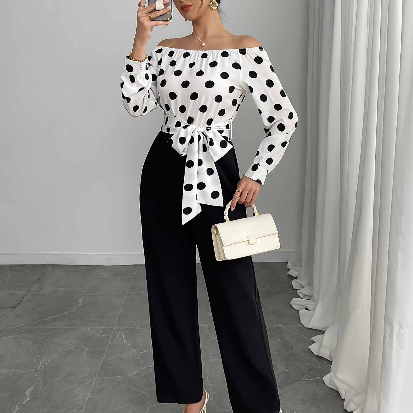 

Women's Off Shoulder Polka Dot Print Long Sleeve Jumpsuit, Polyester Unitard With Belt, All Season, Adult