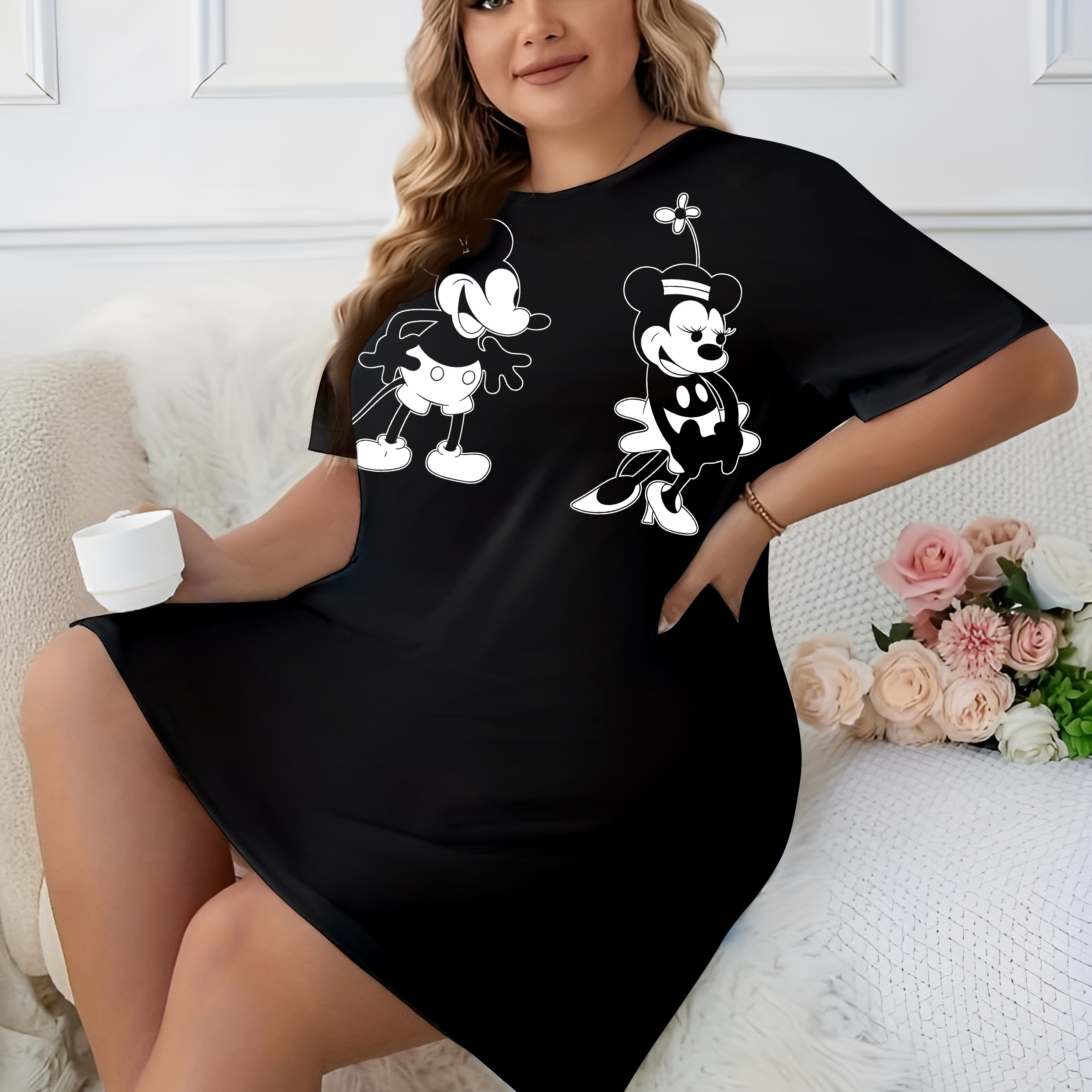 

Women's Plus Cute Comfy Sleep Dress, Plus Size Cartoon Mouse Print Short Sleeve Round Neck Nightdress