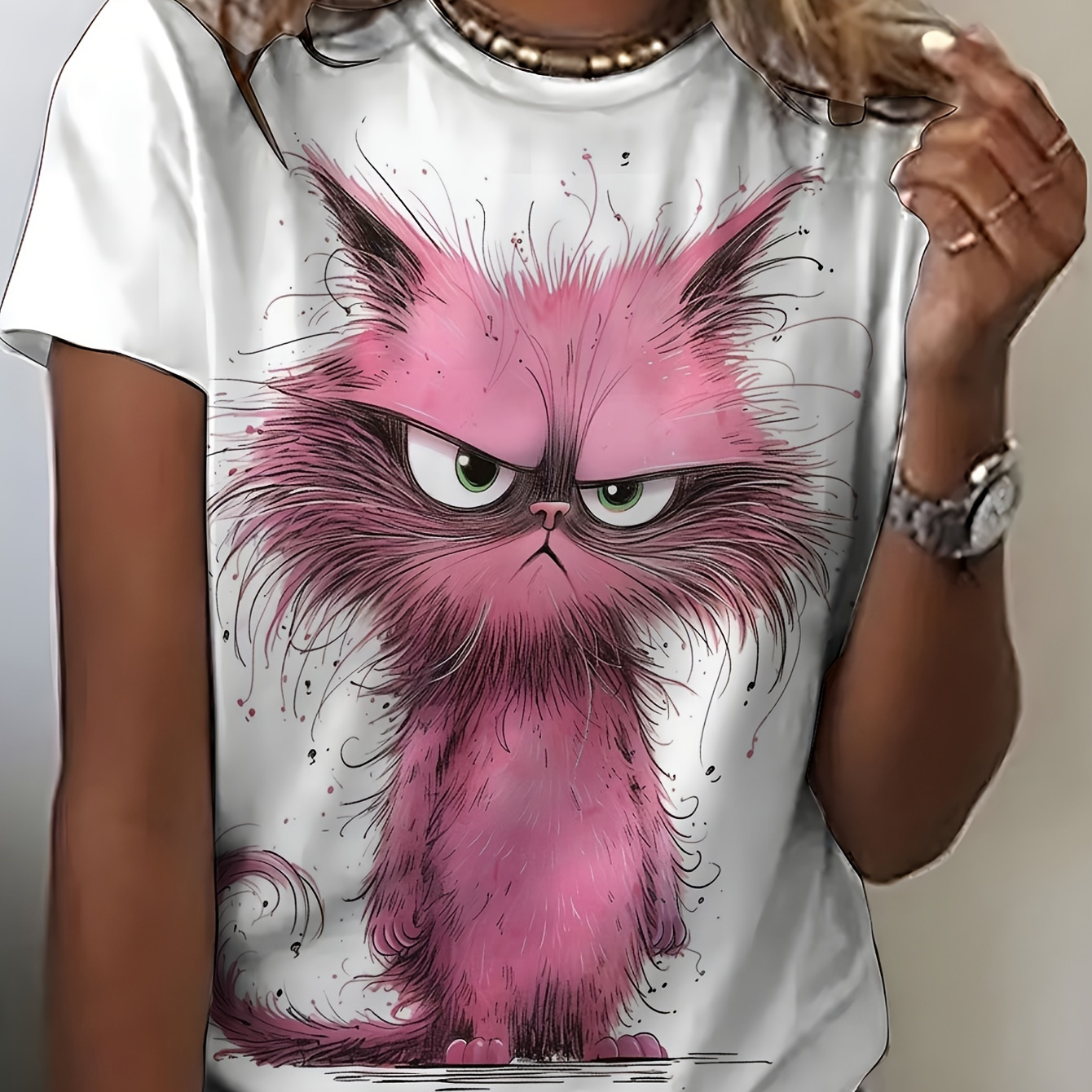 

Un mignon et décontracté T-shirt blanc avec un imprimé de chat rose, pour l'été Manches courtes.