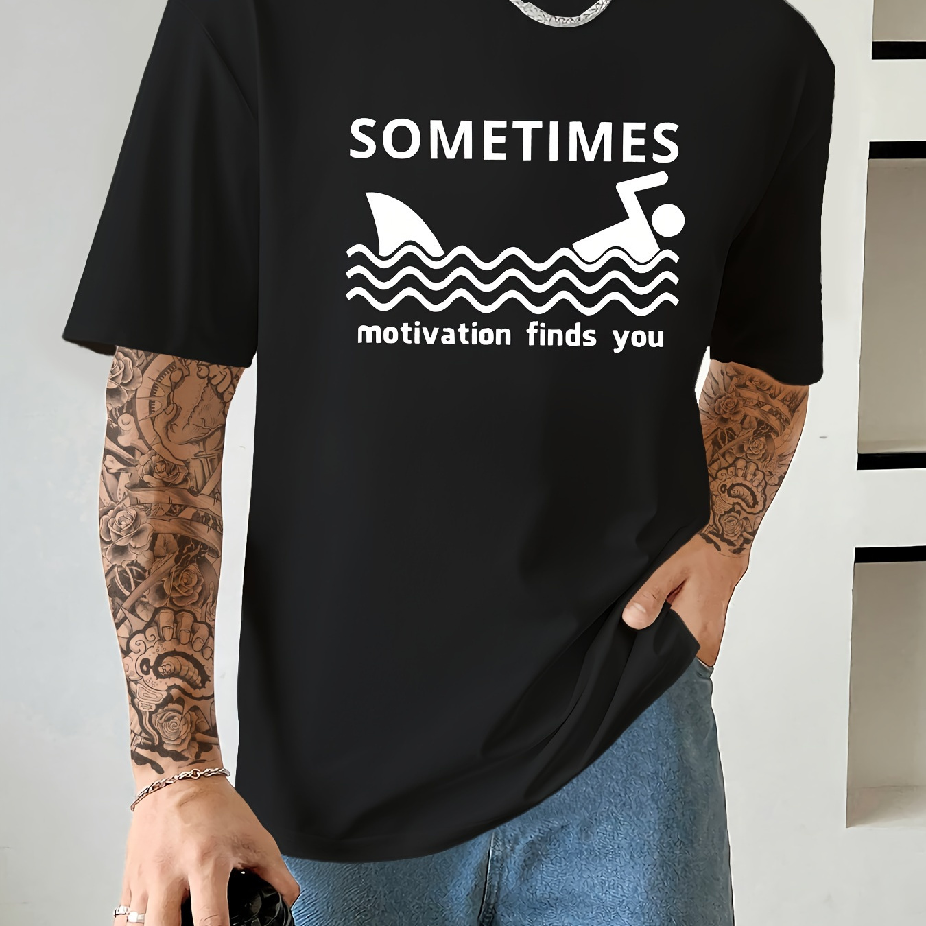 

Sometimes Motivation Finds You Print T Shirt, Tees For Men, Casual Short Sleeve T-shirt For Summer