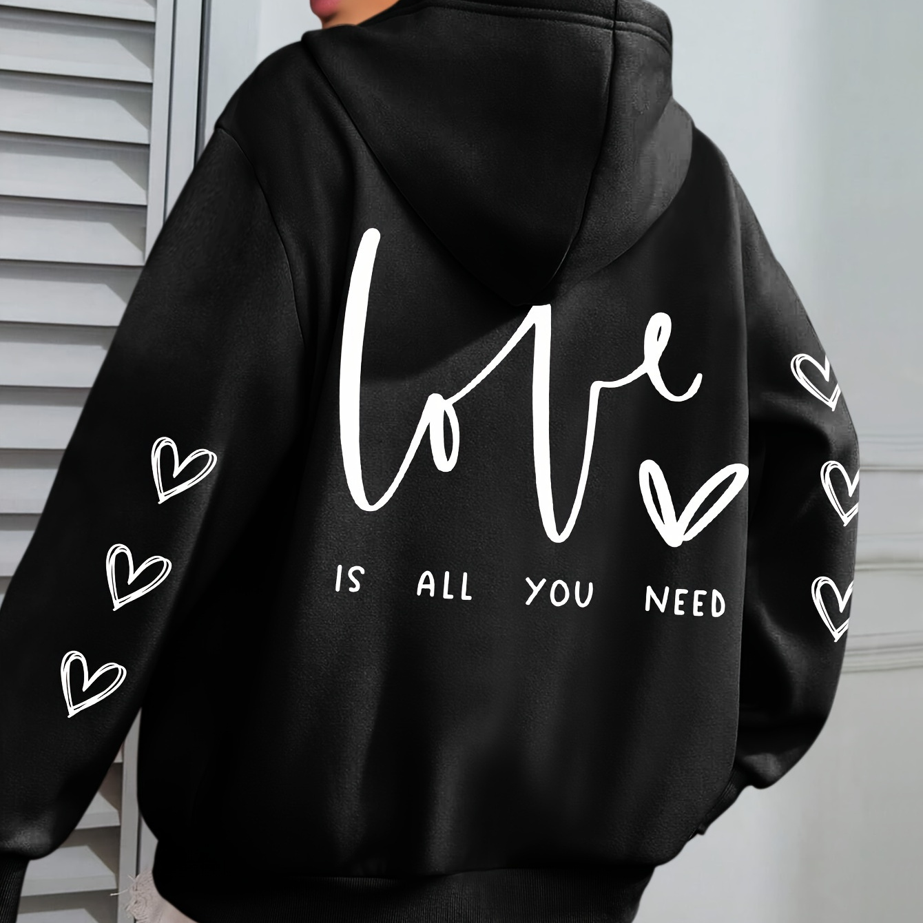 

Women's Plus Size Casual Love Print Hoodie - Polyester 100% Knit Fabric, Stretch, Hooded Collar, Long Sleeve Pullover With Pocket, Alphabet Pattern, Fall/ - 250gsm