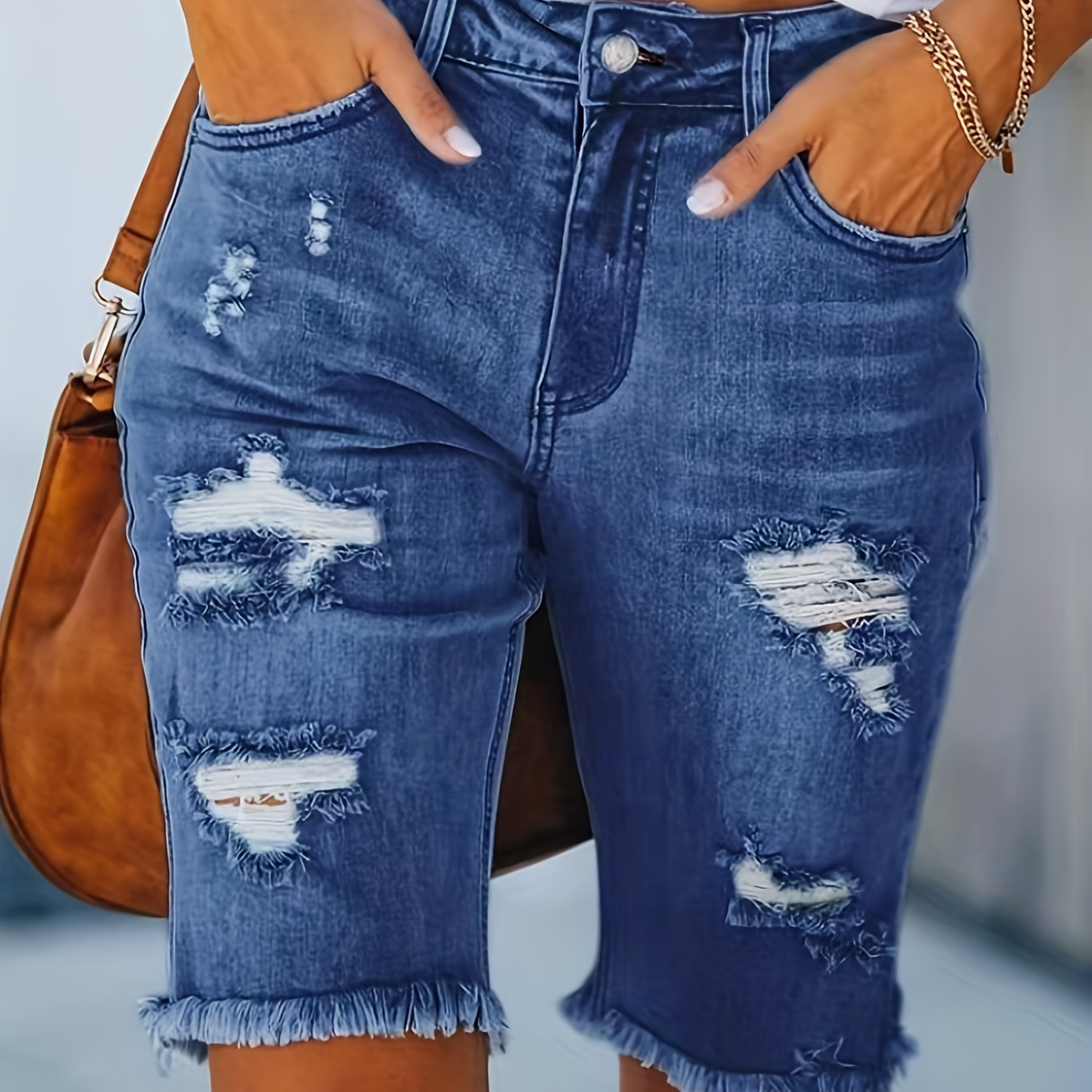 

Blue Raw Hem Denim Jorts, Ripped Holes Mid-stretch Slash Pockets Bermuda Denim Shorts, Women's Denim Jeans & Clothing