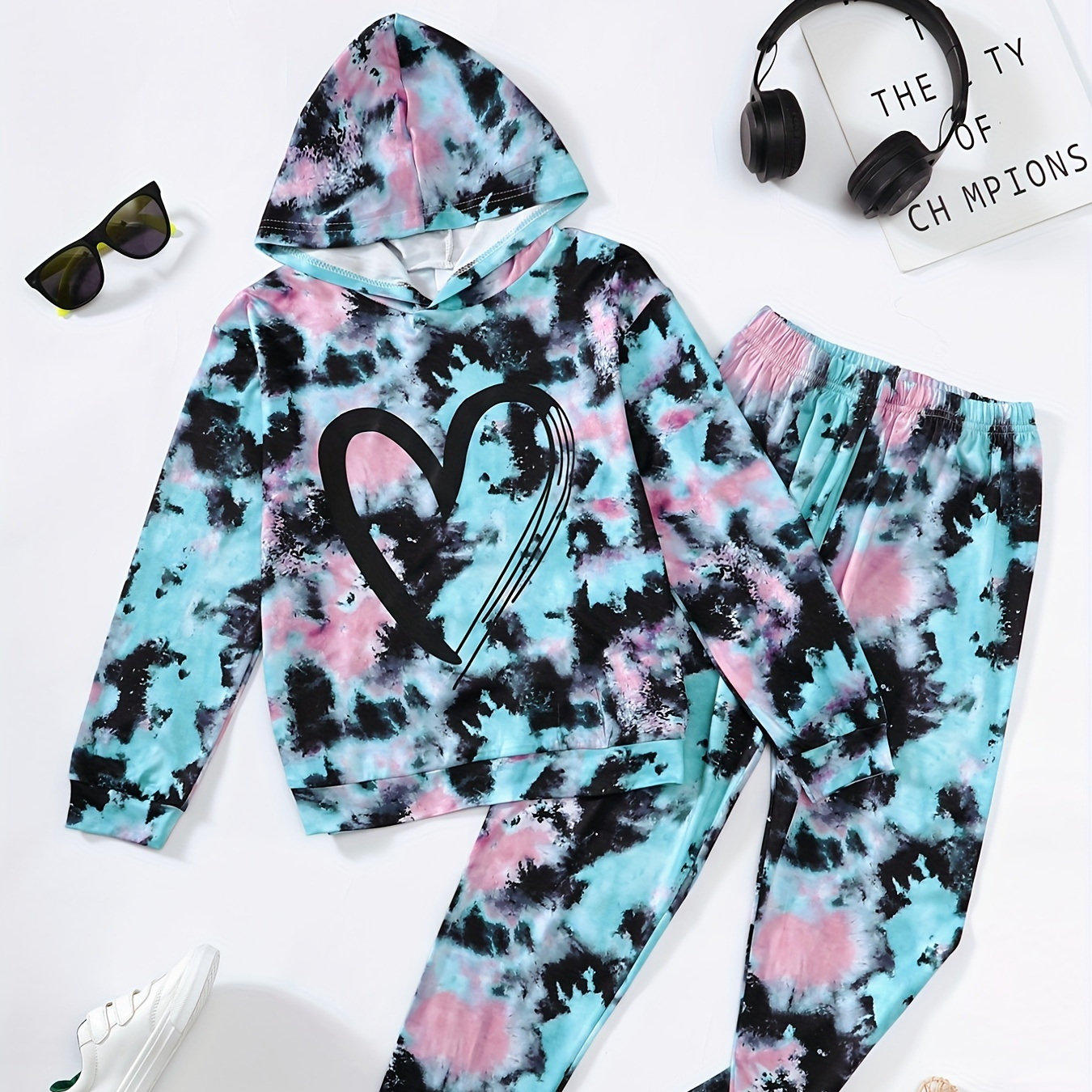 

Girl's Tie Dye 2pcs, Hoodie & Sweatpants Set, Love Heart Print Long Sleeve Top, Casual Outfits, Kids Clothes For Spring Fall