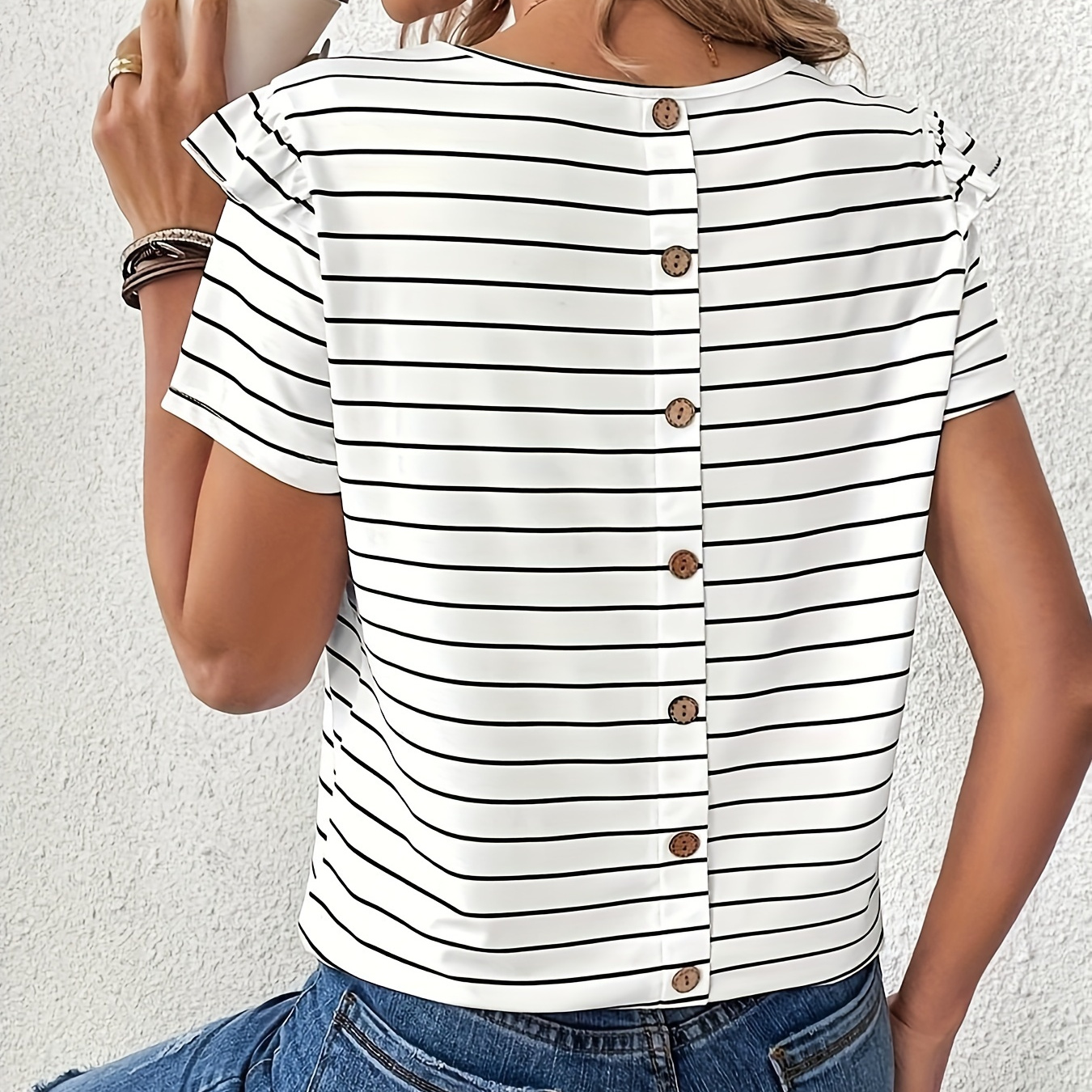 

Striped Print Button Back T-shirt, Elegant Crew Neck Short Sleeve Top For Spring & Summer, Women's Clothing