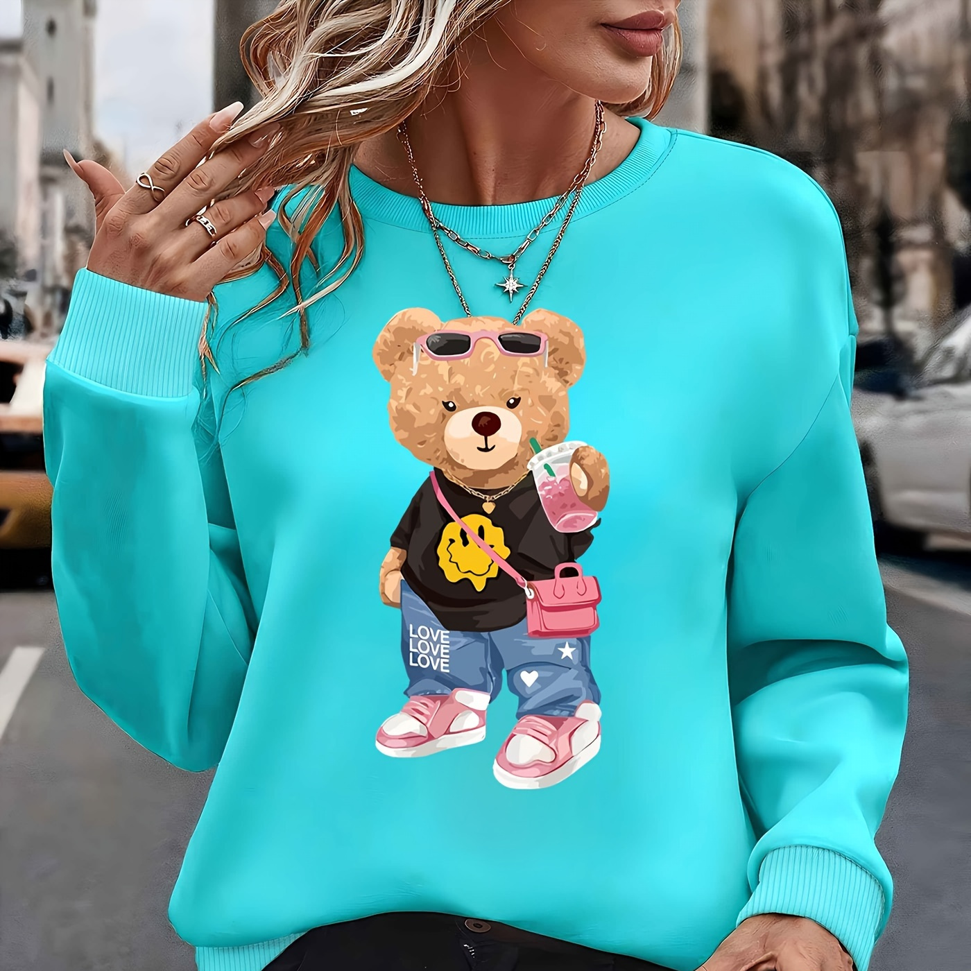 

Elegant Polyester Sweatshirt For Women With Animal Pattern, Round Neck, Cozy Long Sleeve Hoodie With Cute