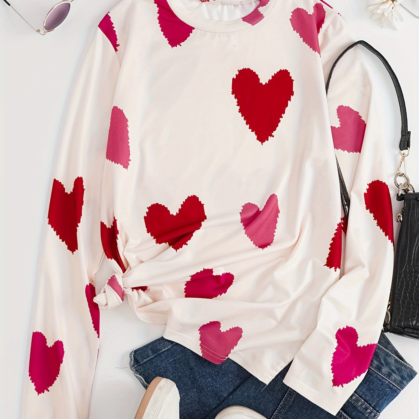 

Heart Print Crew Neck T-shirt, Casual Long Sleeve T-shirt For Spring & Fall, Women's Clothing
