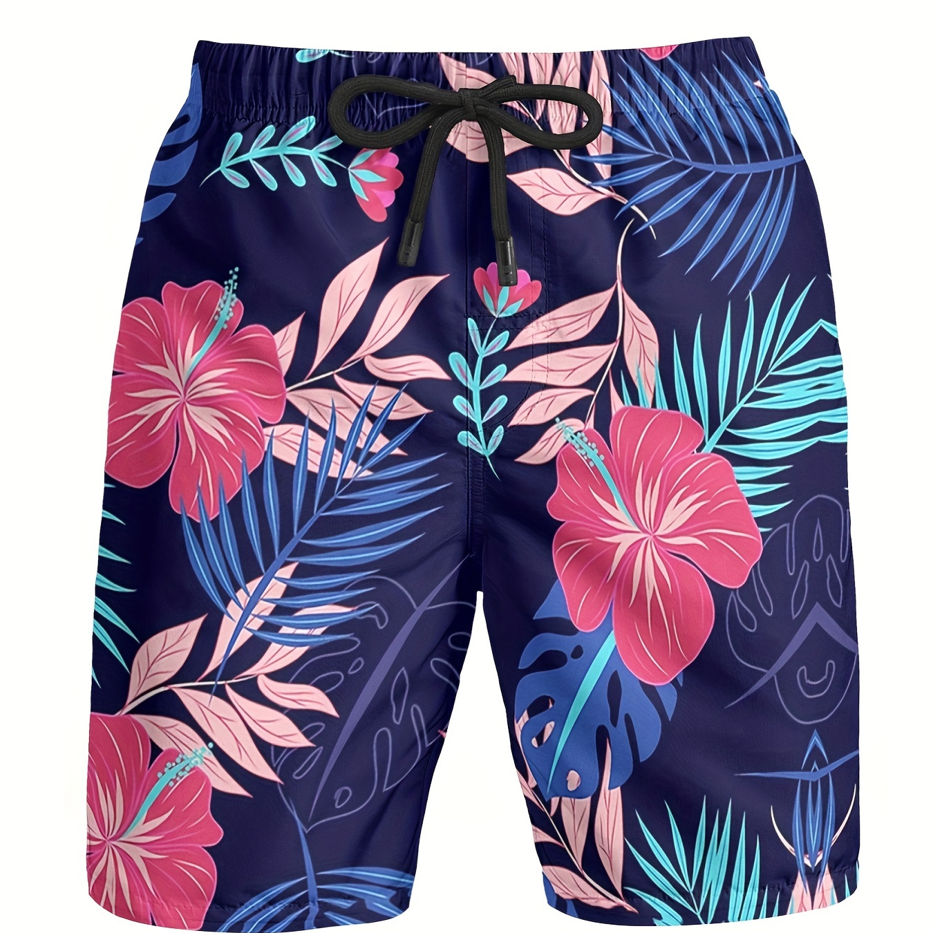 Floral & Leaf Pattern Quick Drying Beach Shorts, Men's Casual Waist  Drawstring Shorts For Summer Resort