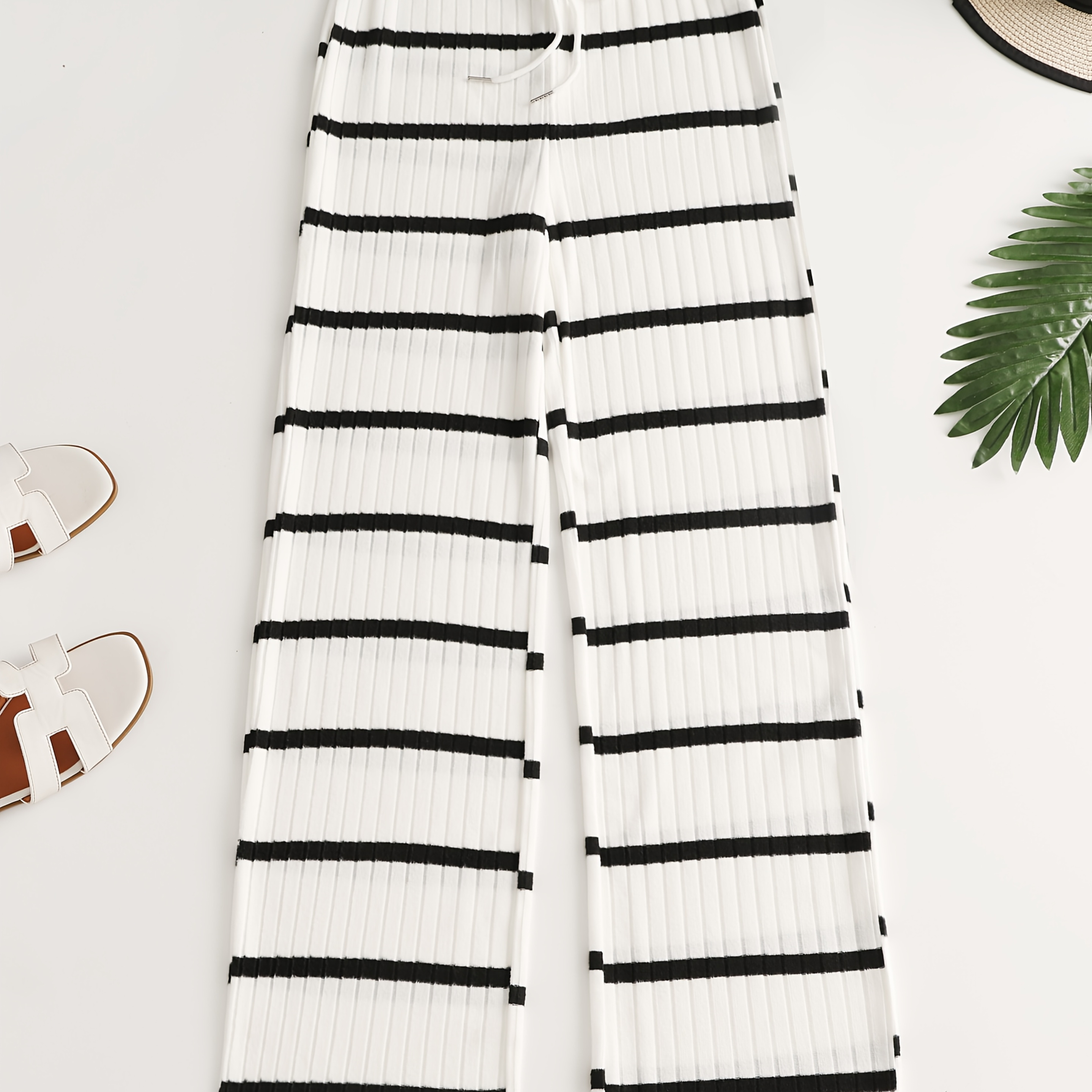 

Women's Elegant Striped Knit Polyester 100% Drawstring Waist Casual Sports Pants For Fall/winter