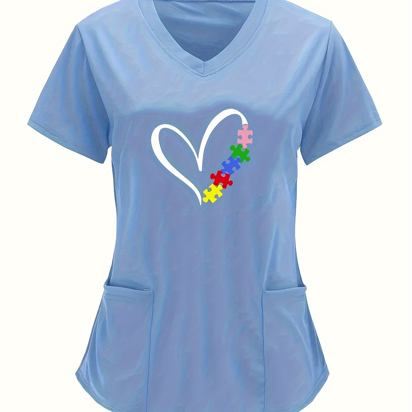 

Heart Print V Neck T-shirt, Casual Short Sleeve Dual Pockets , Women's Clothing