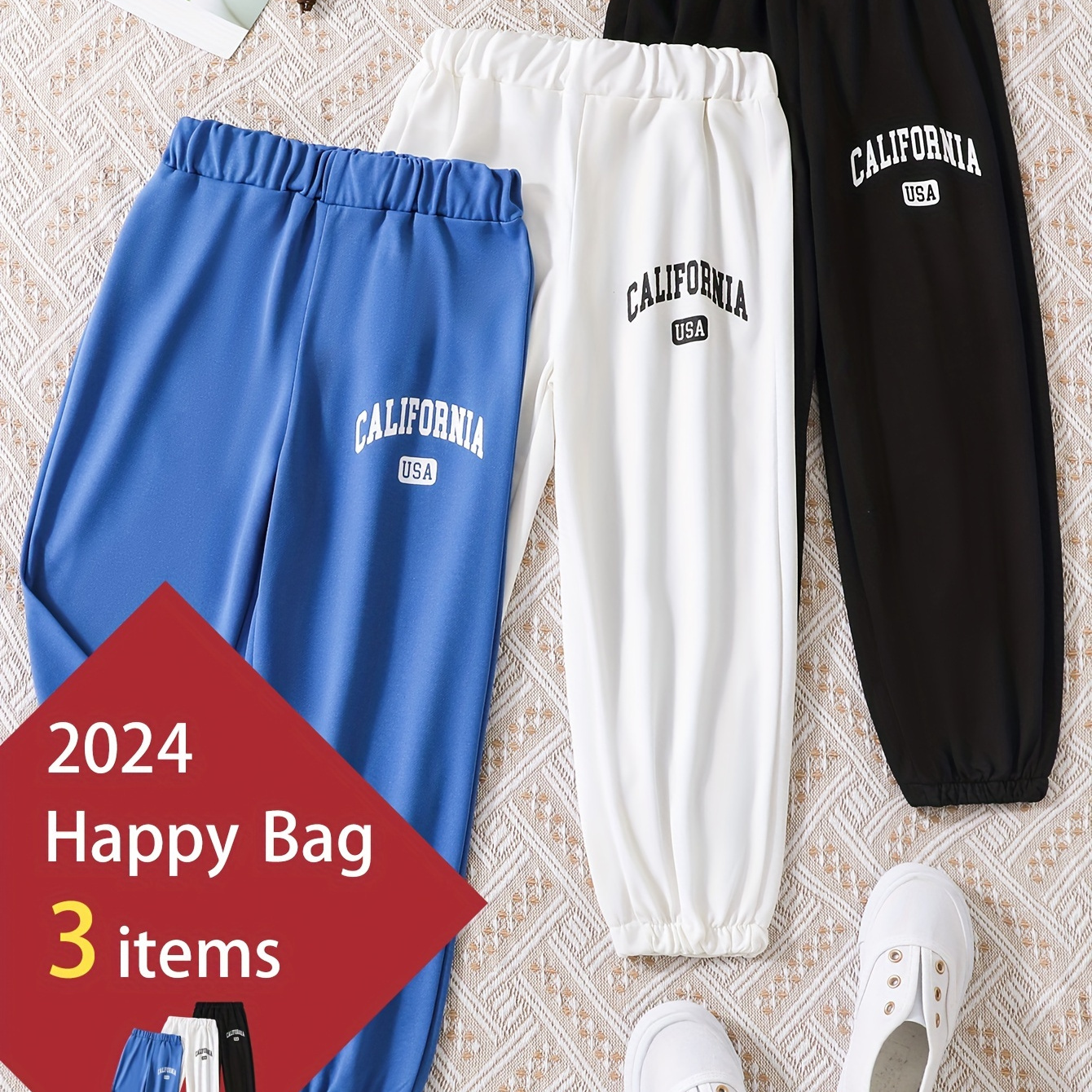 

3pcs California Letter Print Boys Casual Comfortable Active Sweatpants, Quick-drying Breathable Jogger Sports Pants, Kids Clothing