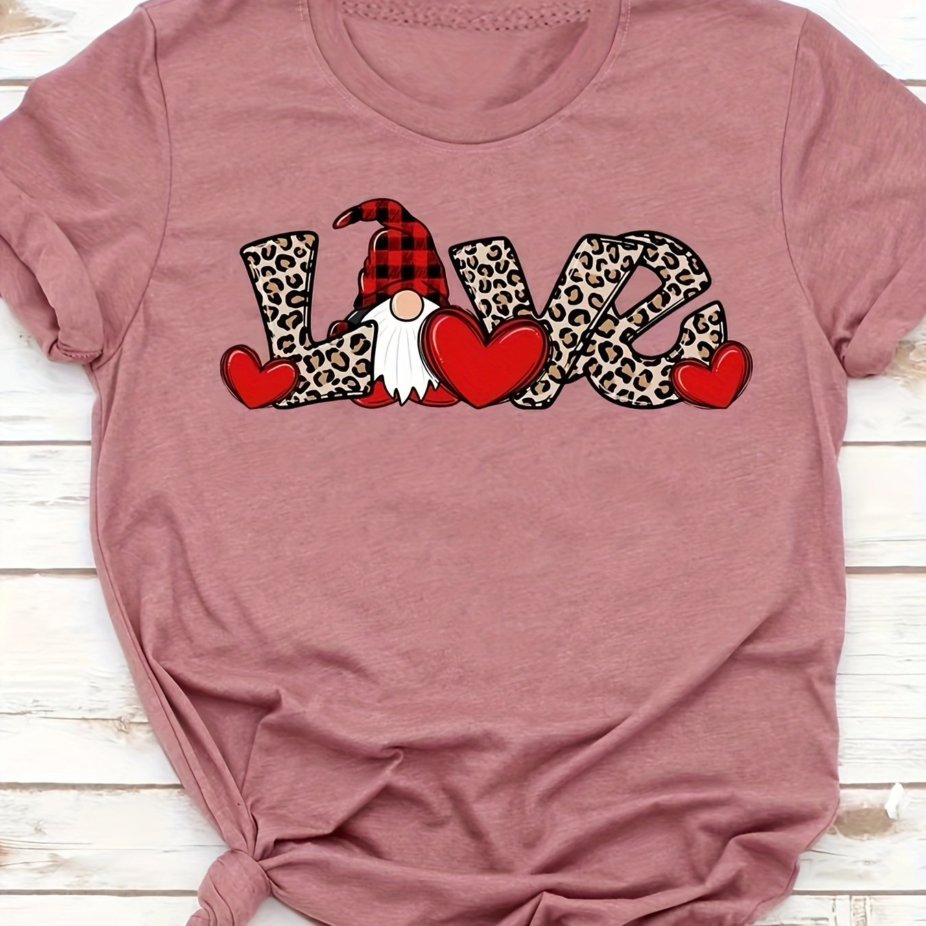 

Leopard Love & Gnomes Print T-shirt, Casual Short Sleeve Top For Spring & Summer, Women's Clothing, Valentine's Day