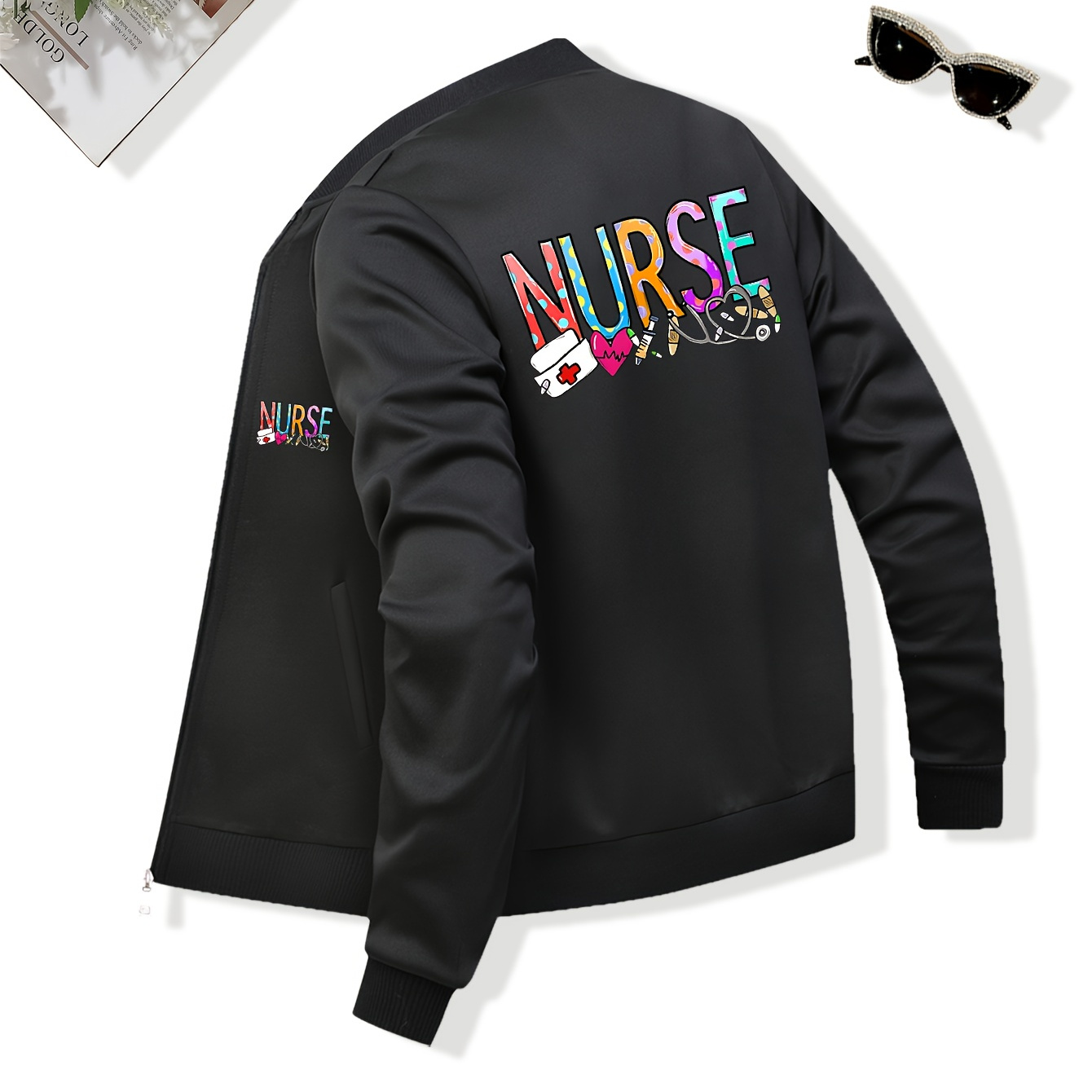 

Women's Casual Zip-up Jacket, New Nurse Print, Baseball Collar, Pockets, Stretch, Knitted Fabric, Suitable For A Outerwear - A Perfect Gift For Nurses.