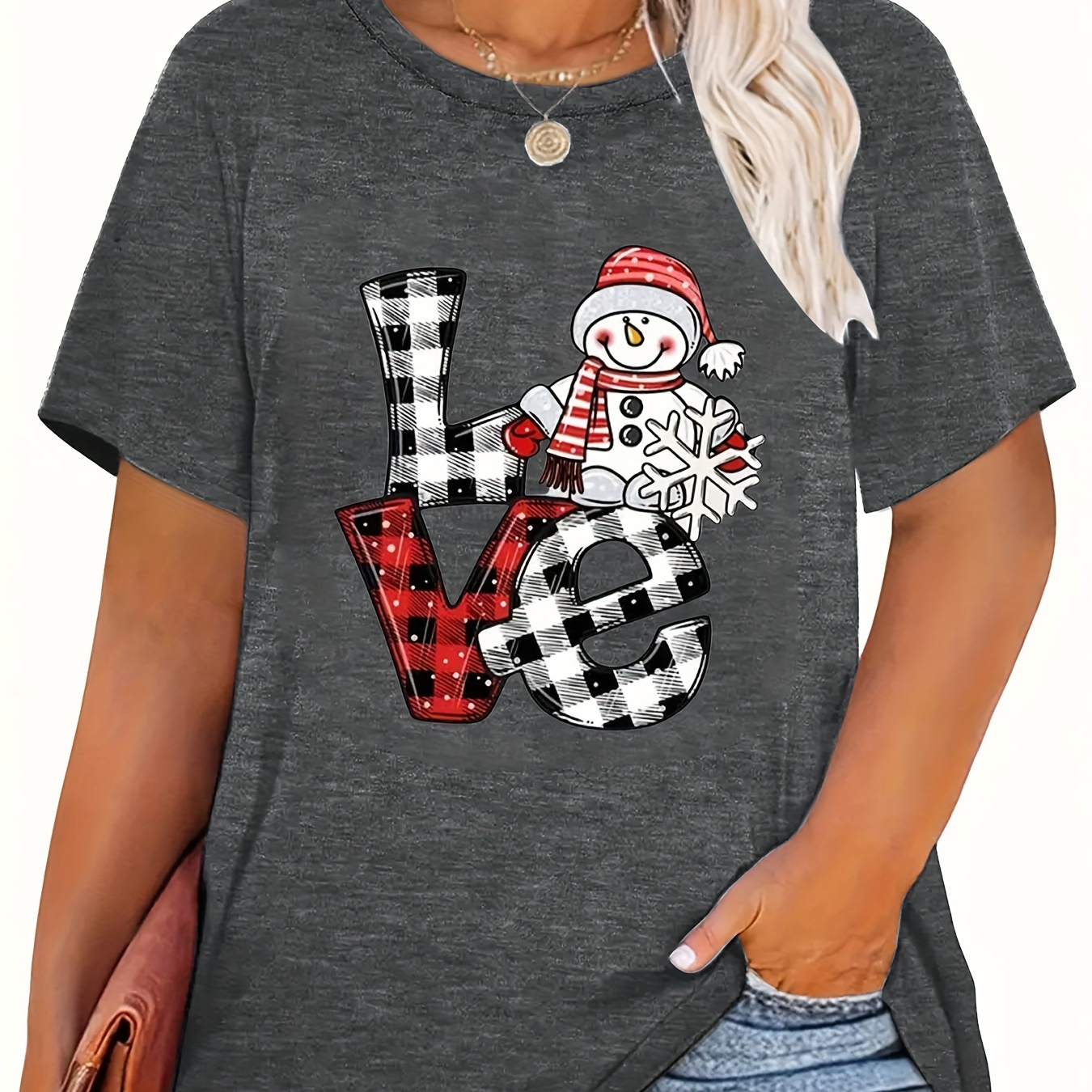 

Plus-size Geometric Patterned Christmas Snowman T-shirt For Women - Knit Fabric, Round Neck, Casual Vacation Style, Polyester, All-season