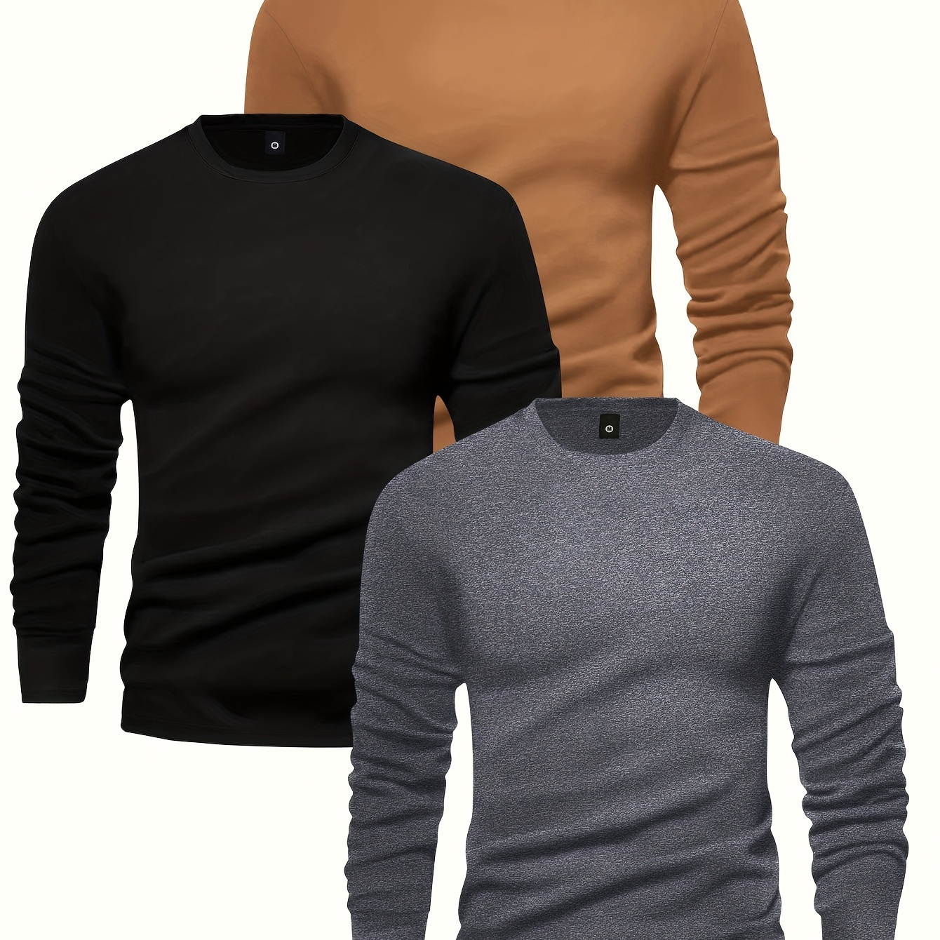 

3pcs Men's Long Sleeve T-shirts - Casual & Sporty, Crew Neck Pullover, Breathable Polyester , Machine Washable