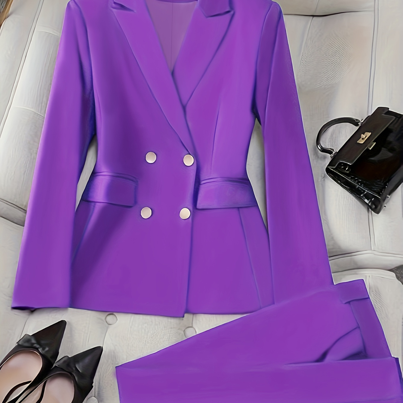 

1set Elegant Solid Color Double-breasted Long Sleeve Suit Jacket And Pants Set For Women, Polyester, Regular Fit, Button Detail, Notched Lapel, Fall/