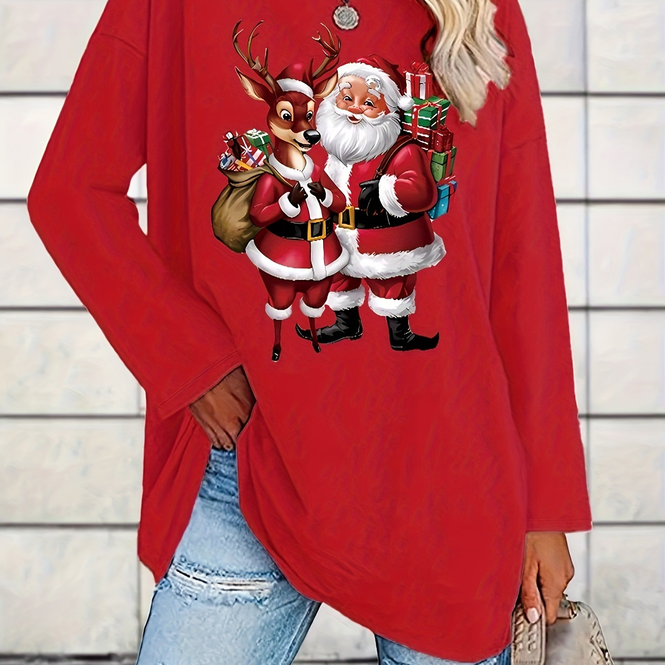 

Festive Christmas Santa And Reindeer Print Long Sleeve T-shirt - Soft And Breathable, Suitable For Spring And Summer - Women's Loose-fitting Holiday Clothing, Perfect For Holiday Gifts