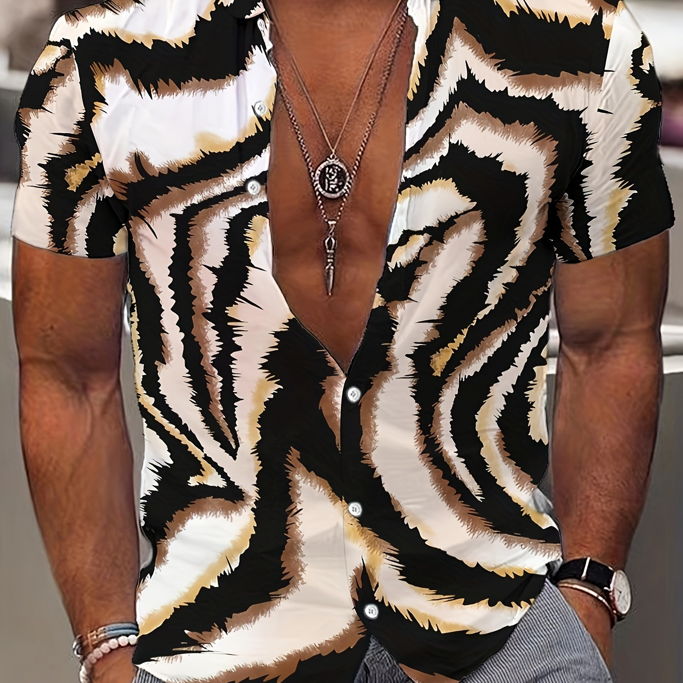 

Animal Print Men's Short Sleeve Button Down Shirt, Men's Streetwear, Summer Outdoor