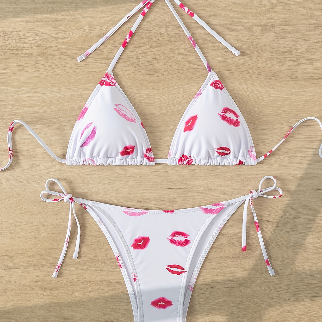 

Women's Bikini Swimsuit Set, Lip Prints, Tie-up Neck And Side Bottoms, Adjustable Triangle Top, Summer Beachwear