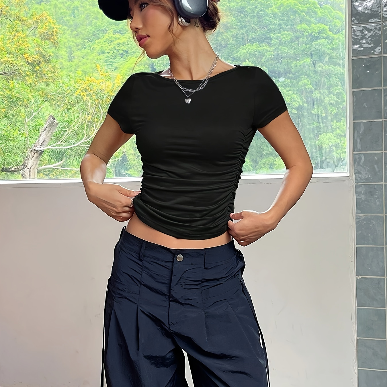 

Ruched Solid Crop T-shirt, Casual Short Sleeve Top For Spring & Summer, Women's Clothing