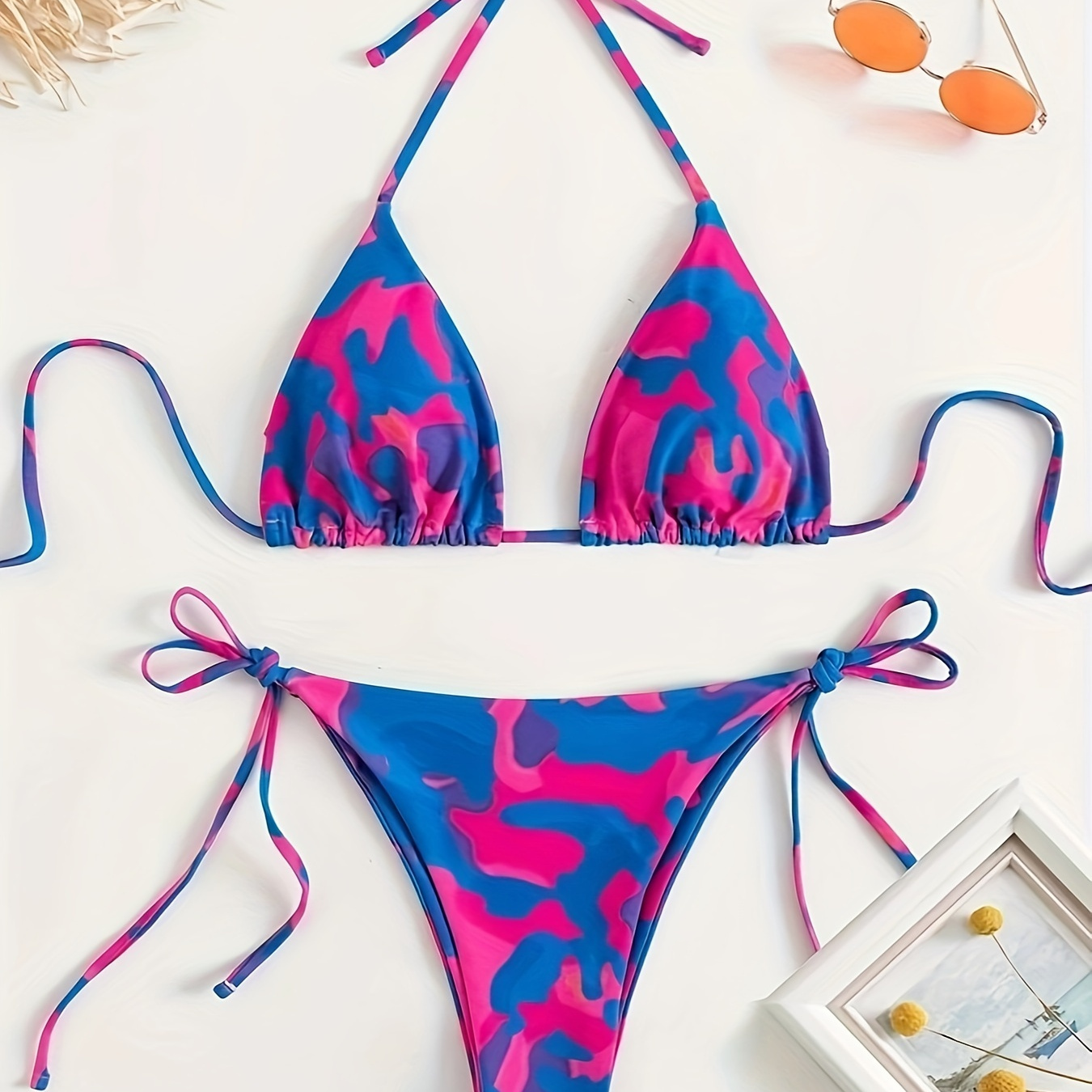 

Camo Halter V Neck 2 Piece Set Bikini, Triangle Tie Back Backless Tie Side High Cut Swimsuits, Women's Swimwear & Clothing