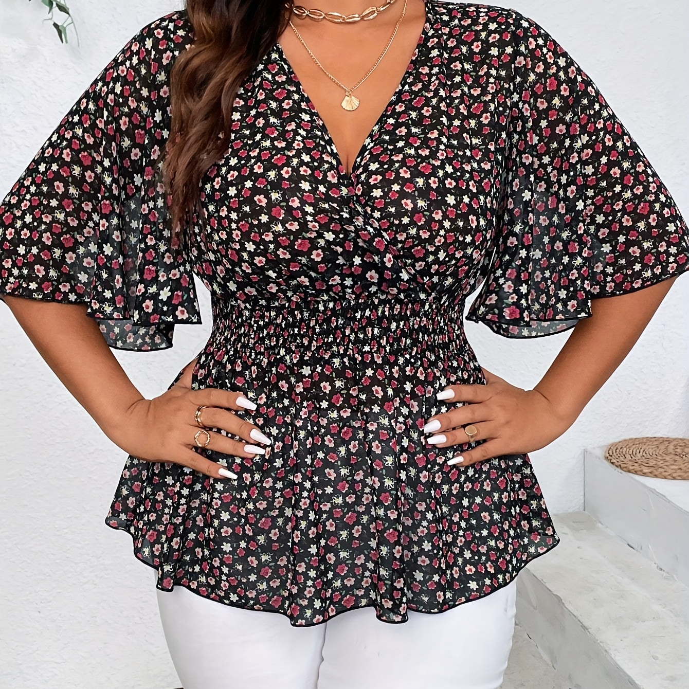 

Plus Size Ditsy Floral Print Top, Elegant Shirred Waist V Neck Flare Sleeve Top, Women's Plus Size Clothing