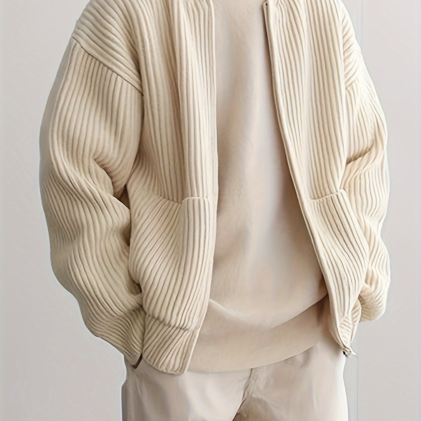 

Men's Casual Knitted Open Cardigan, Unisex Relaxed Fit Zip-up Sweater, Textured Striped Pullover, V-neck, Stretch Fabric, Solid Color, Autumn/winter, Regular Fit, Knit (including Crochet, Fabric)