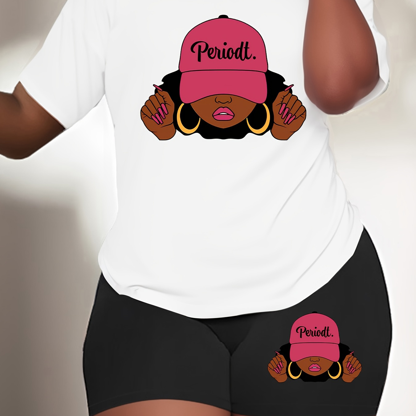 

Women's 2-piece Plus Size Sport Set, White T-shirt With Bold "periodt." Graphic & Matching Shorts, Comfortable Casual Summer Outfit