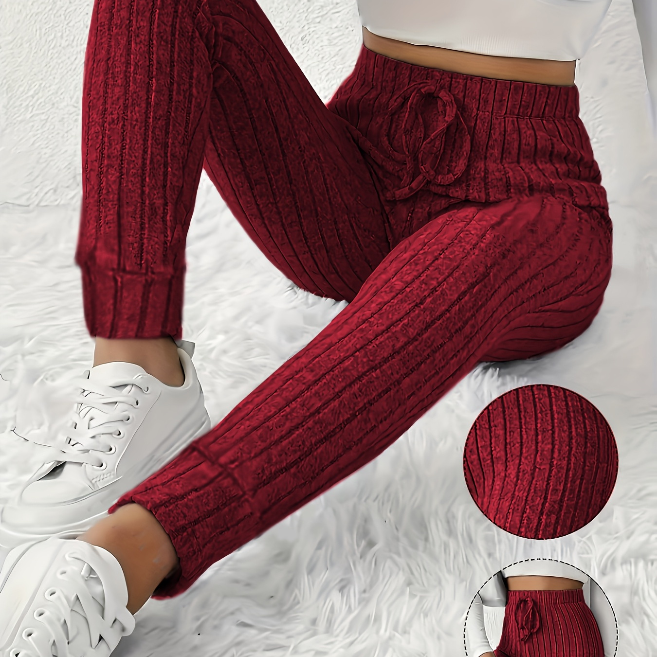 

[stretchy Fit] Elegant Red Ribbed Knit Skinny Pants For Women - High-waisted With Decorative Drawstring, Stretchy Polyester , Machine Washable, All , Attire|sophisticated Texture|ribbed Knit Fabric