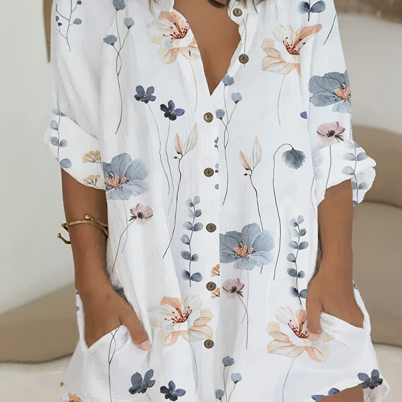 

Plus Size Casual Blouse, Women's Plus Floral Print Button Up Roll Up Long Sleeve Mock Neck Tunic Shirt Top With Pockets
