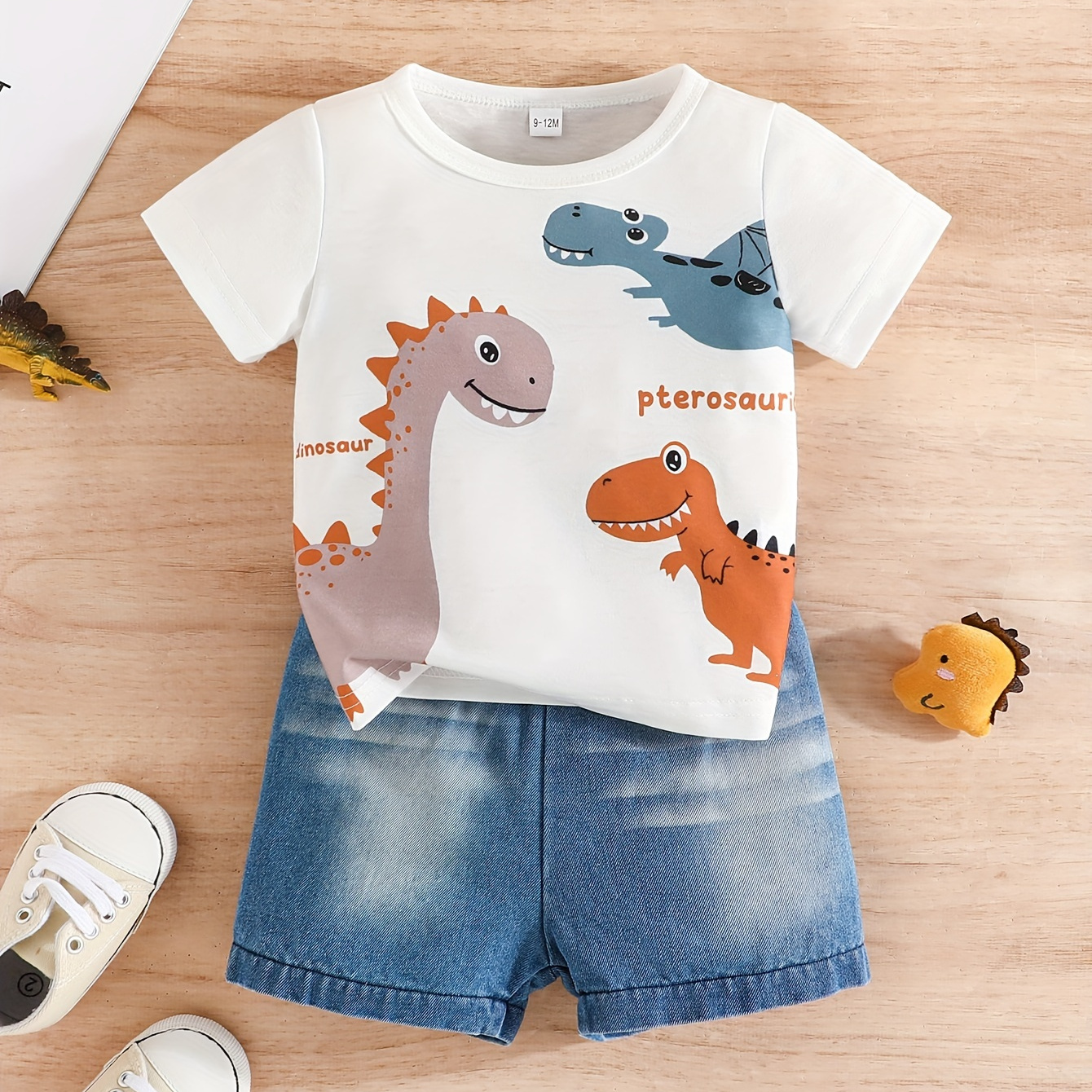 

2pcs Toddler Boys Dinosaur Print Summer Set, Crew Neck Short Sleeve T-shirt & Casual Denim Shorts, Baby Boy's Clothes