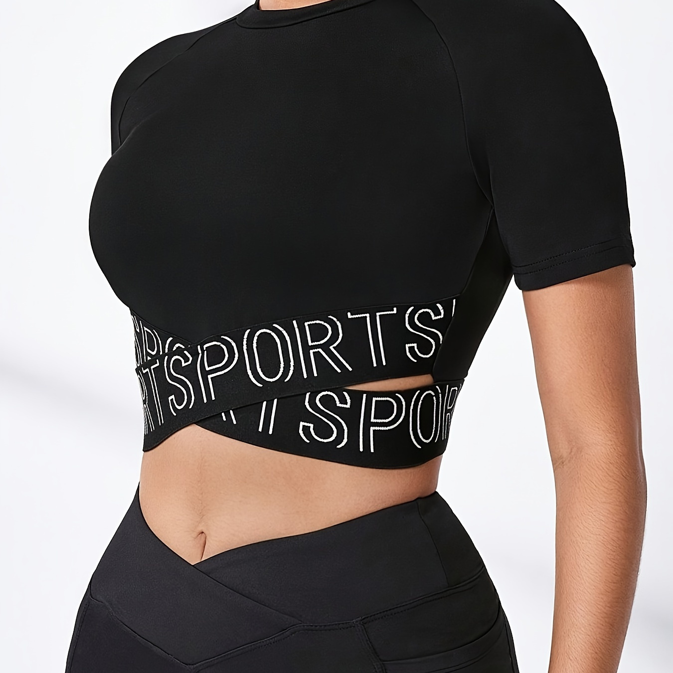 

Women's Athletic Crop Top, Letter Print, Short Sleeve, Cross Back Design, Casual Sportswear, Breathable Fabric, Gym & Yoga Wear